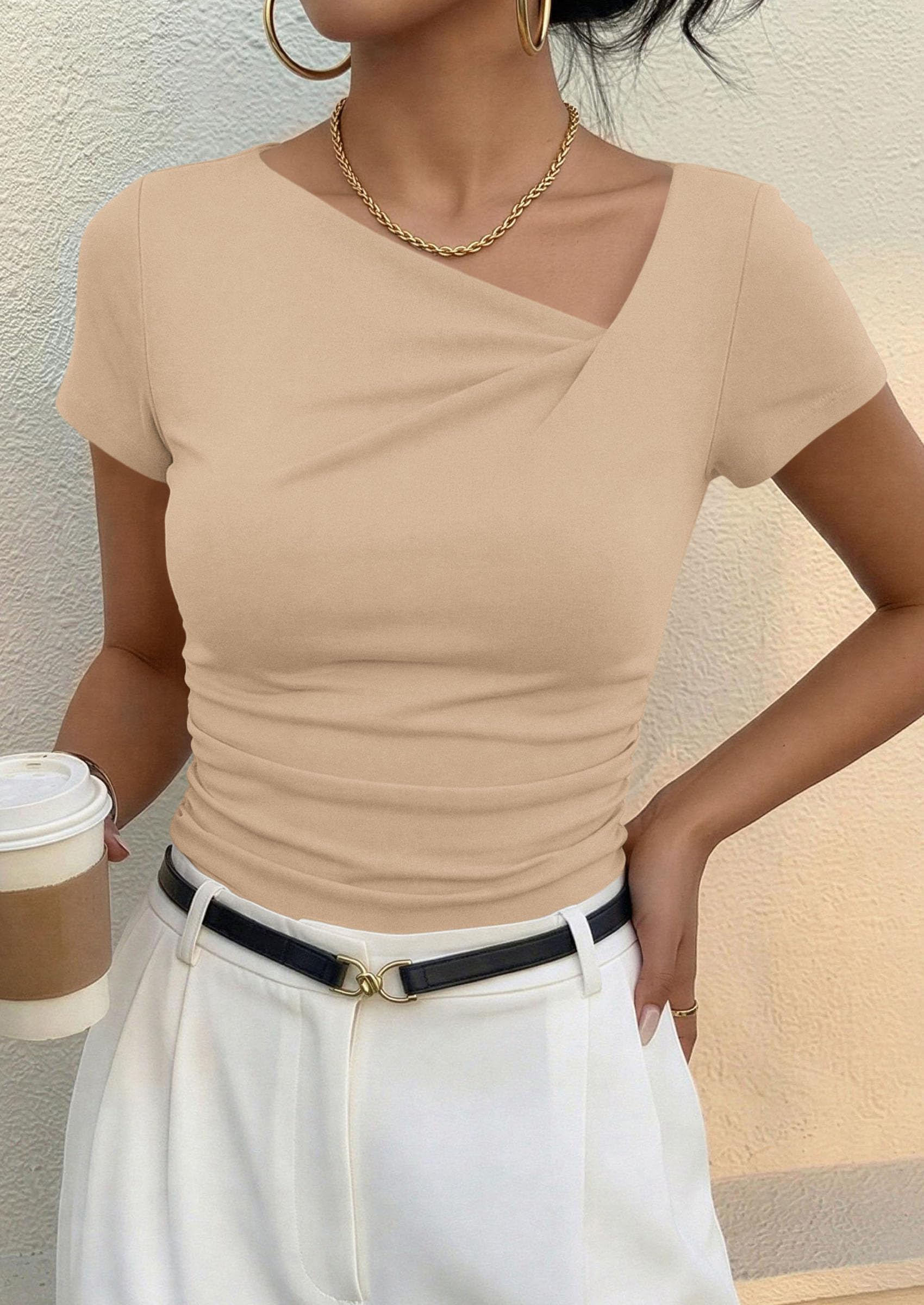 Women's Summer Trendy Asymmetrical Y2K Tops (Light Khaki,S)
