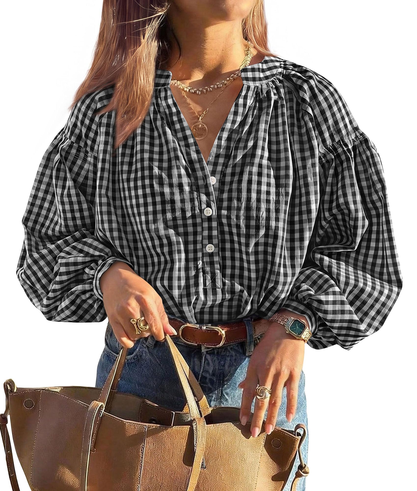 Women Fall Plaid Long Puff Sleeve Shirts V Neck Casual Blouses