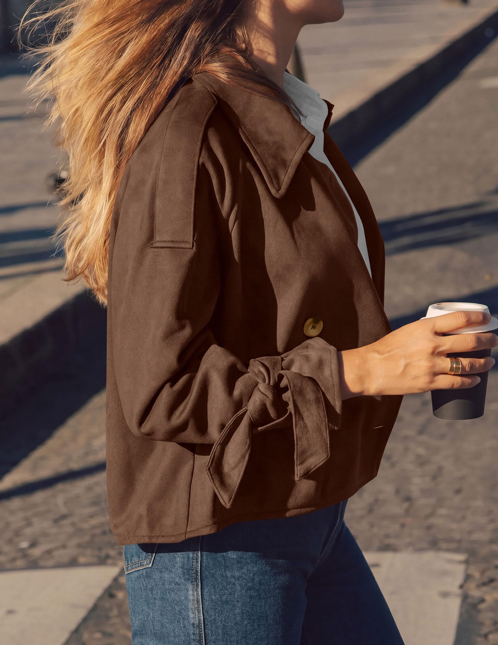 Women Faux Suede Double Breasted Trench Coat Cropped Jackets