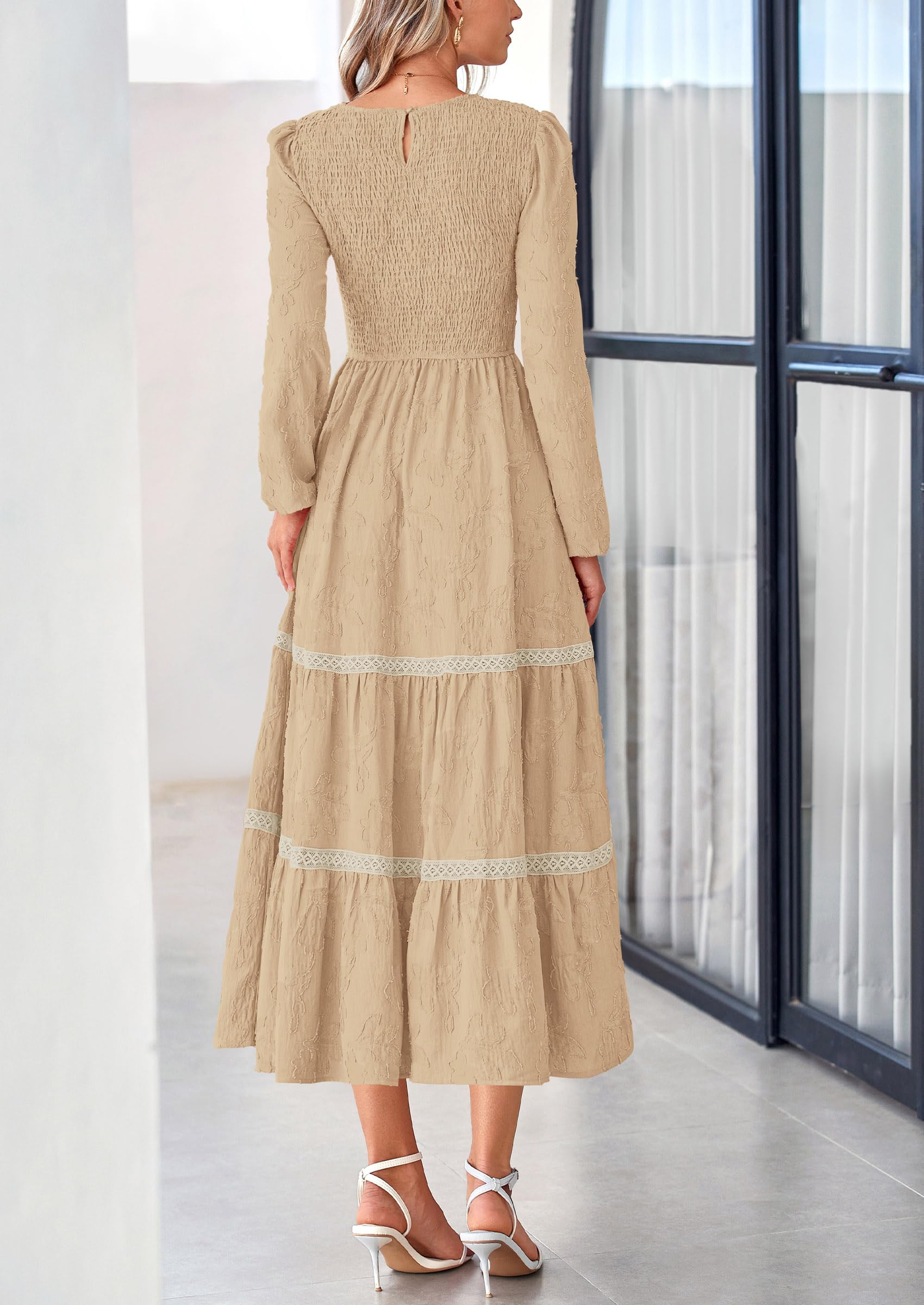 Women's Long Sleeve Boho Floral Midi Dress, Apricot,S