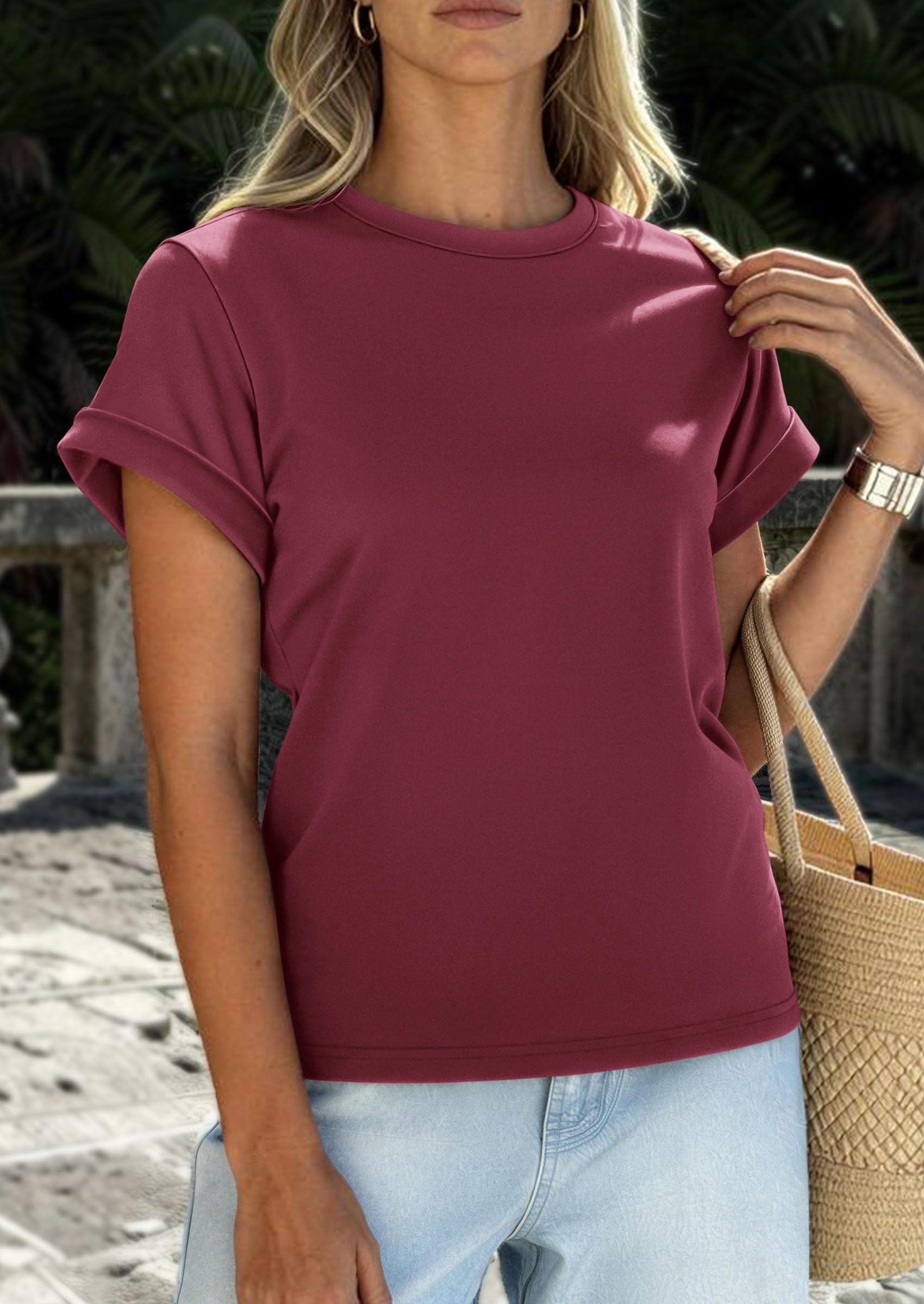 Womens Summer Tops Short Sleeve Shirts,Wine Red,M