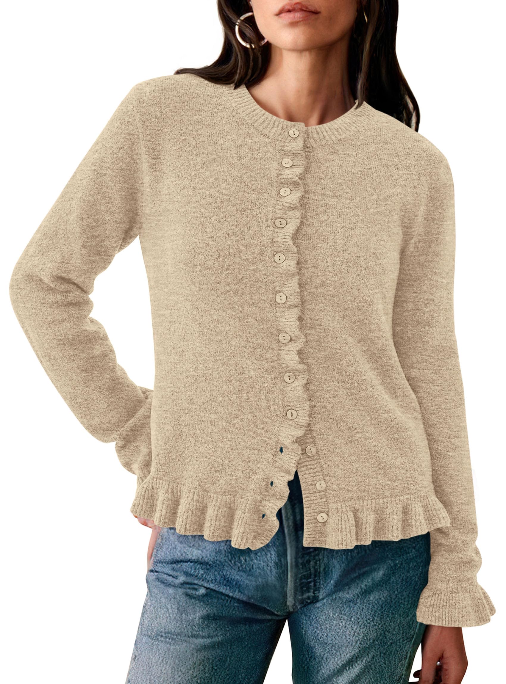 Womens Ruffle Button Down Cardigan Sweaters,Khaki,L