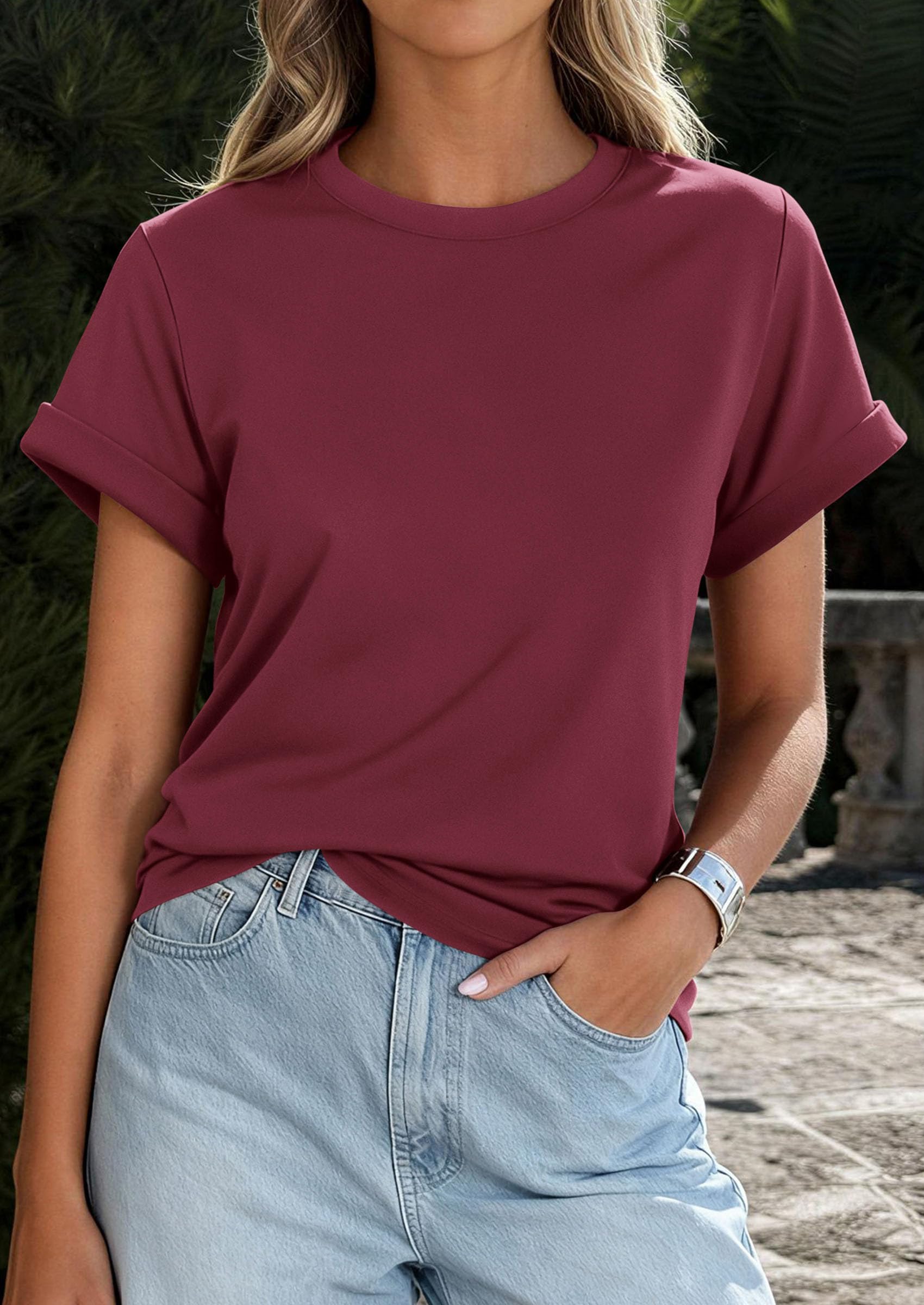 Womens Summer Tops Short Sleeve Shirts,Wine Red,M
