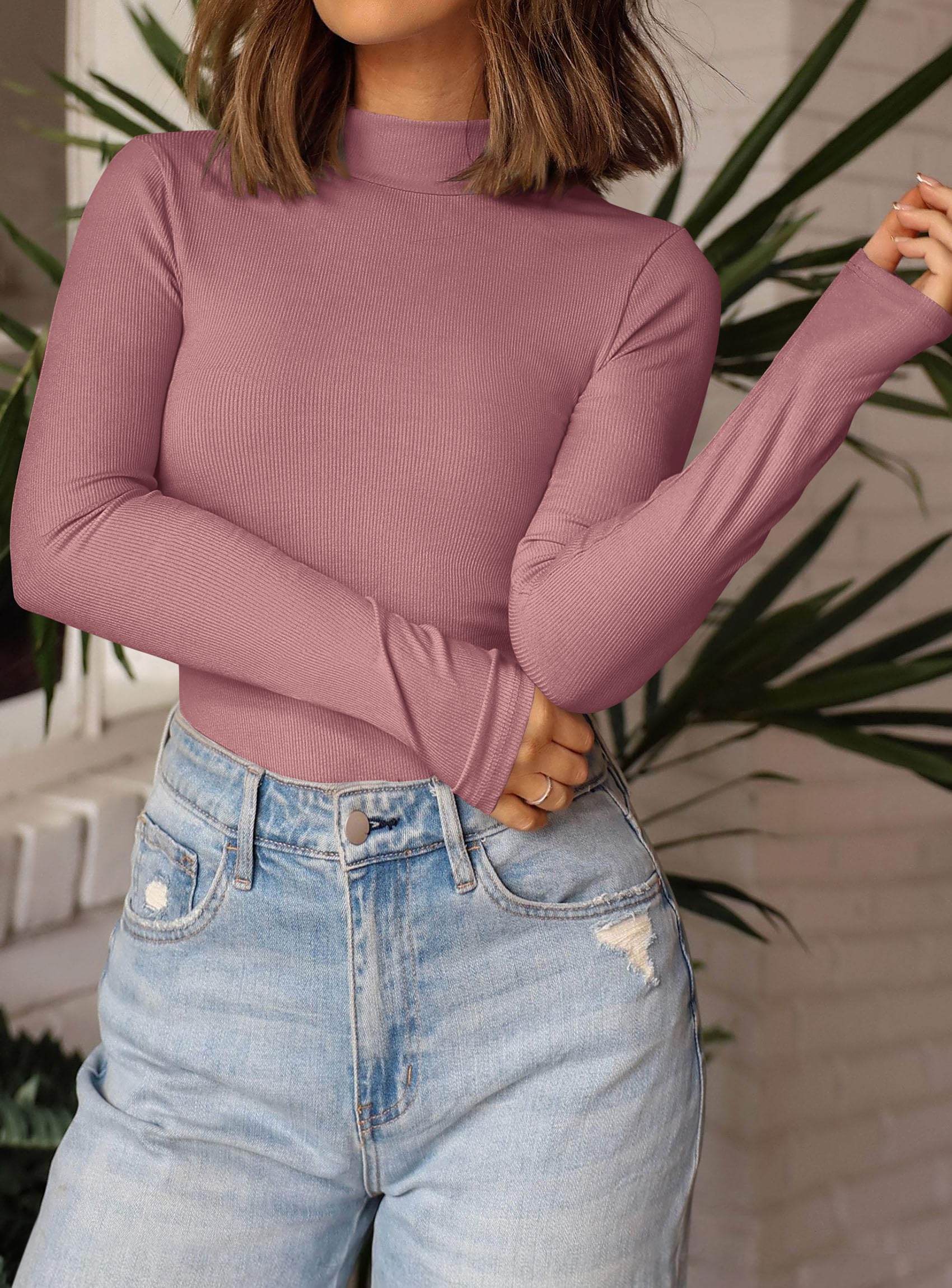 Womens Mock Turtleneck Fall Long Sleeve Shirts,Grey Pink,XS