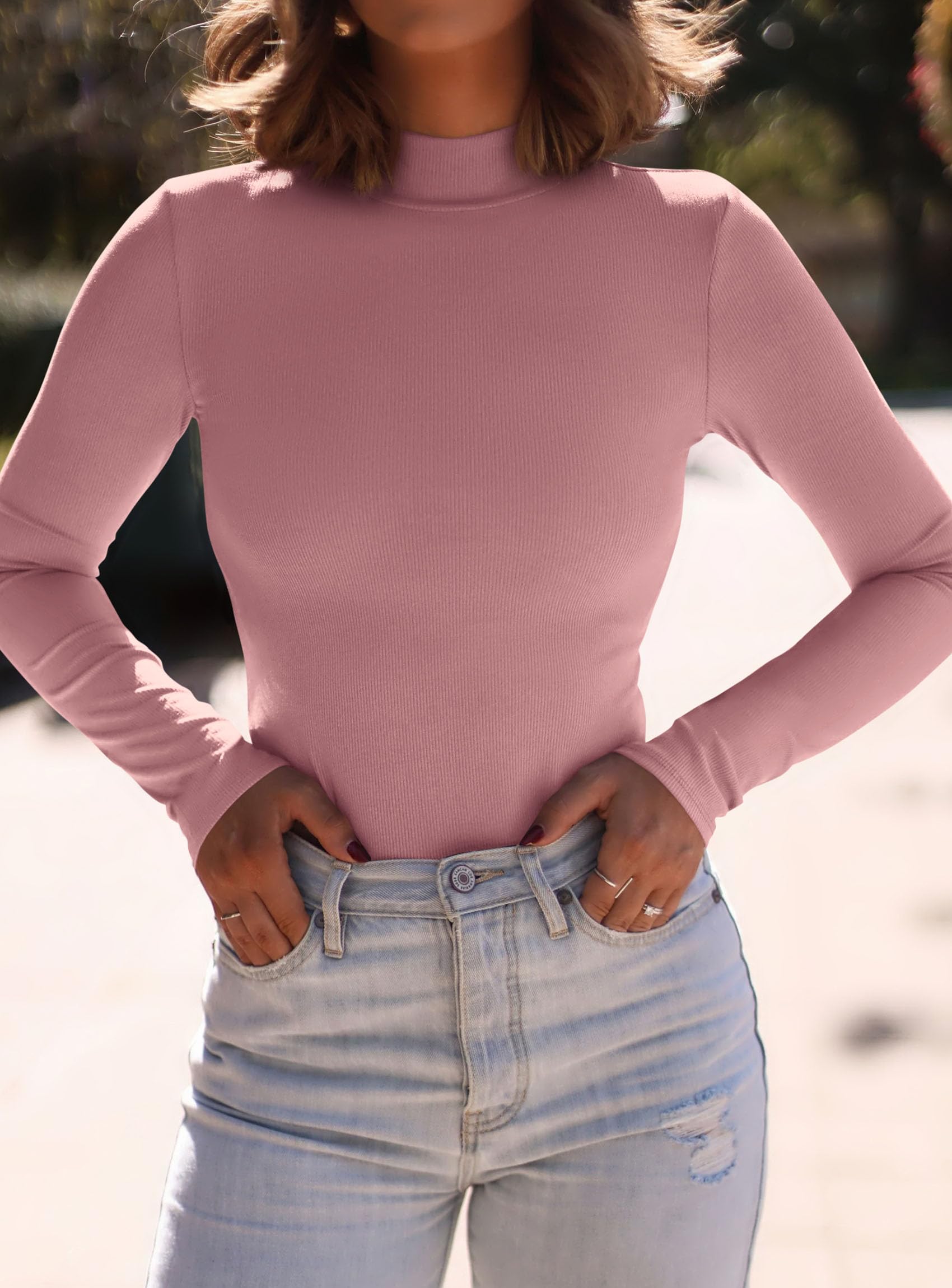 Womens Mock Turtleneck Fall Long Sleeve Shirts,Grey Pink,XS