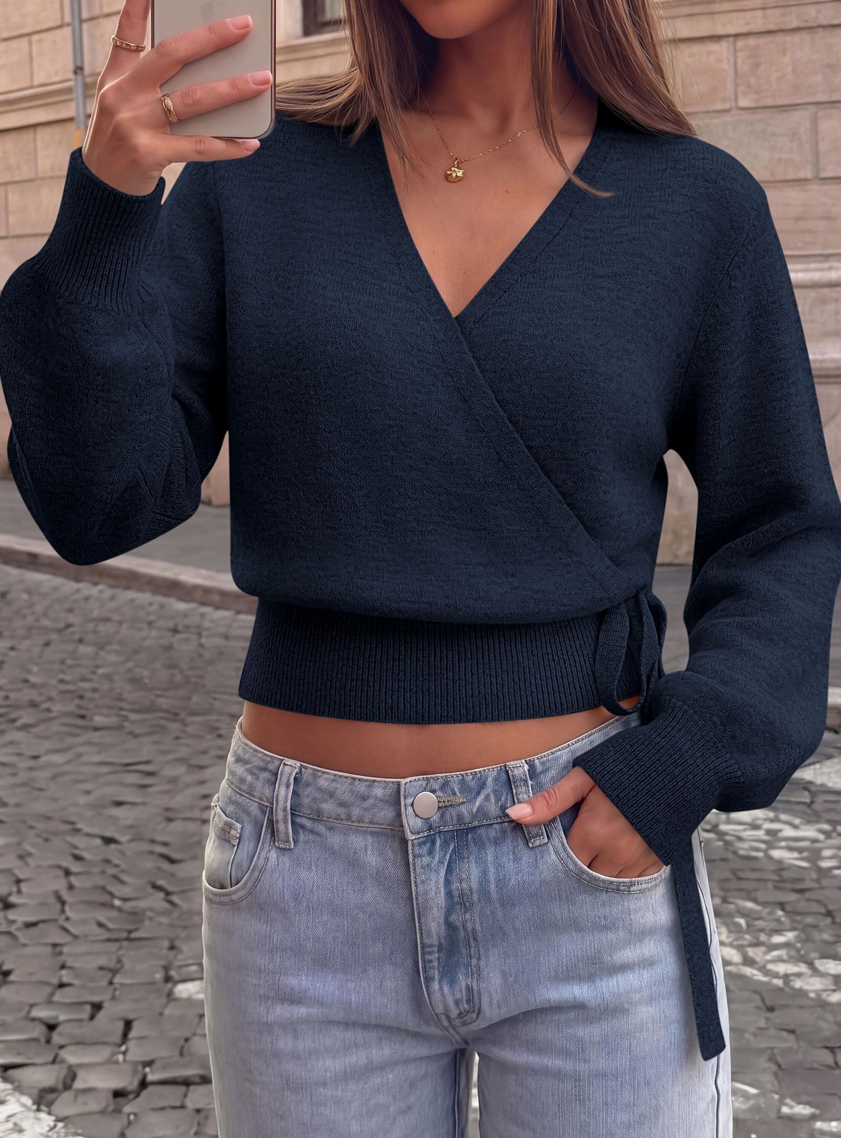 V Neck Wrap Sweaters for Women Fall Outifts Pullover Navy Blue