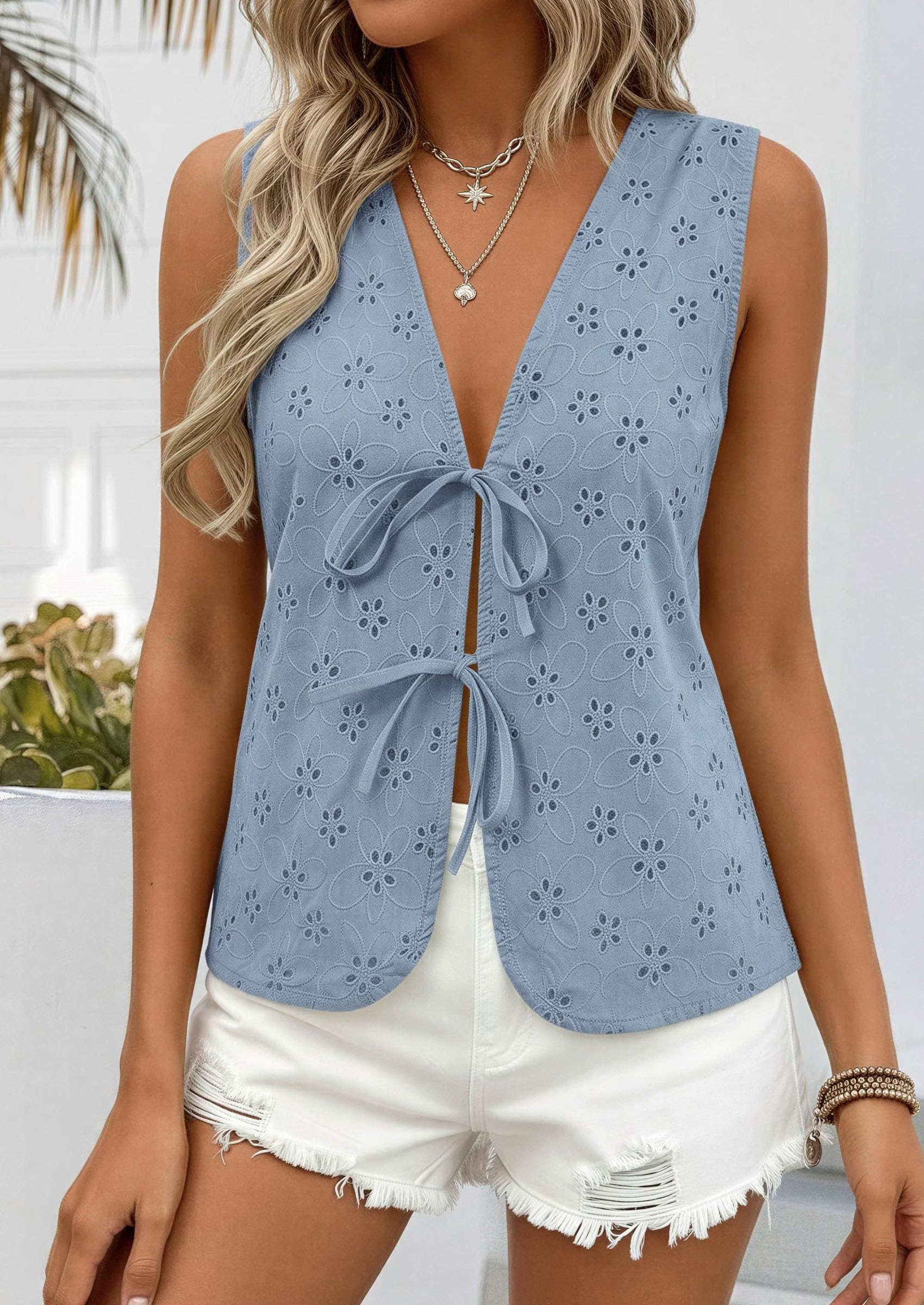 Women's Summer Eyelet Lace Tie Front Vest Tops (Dusty Blue,S)