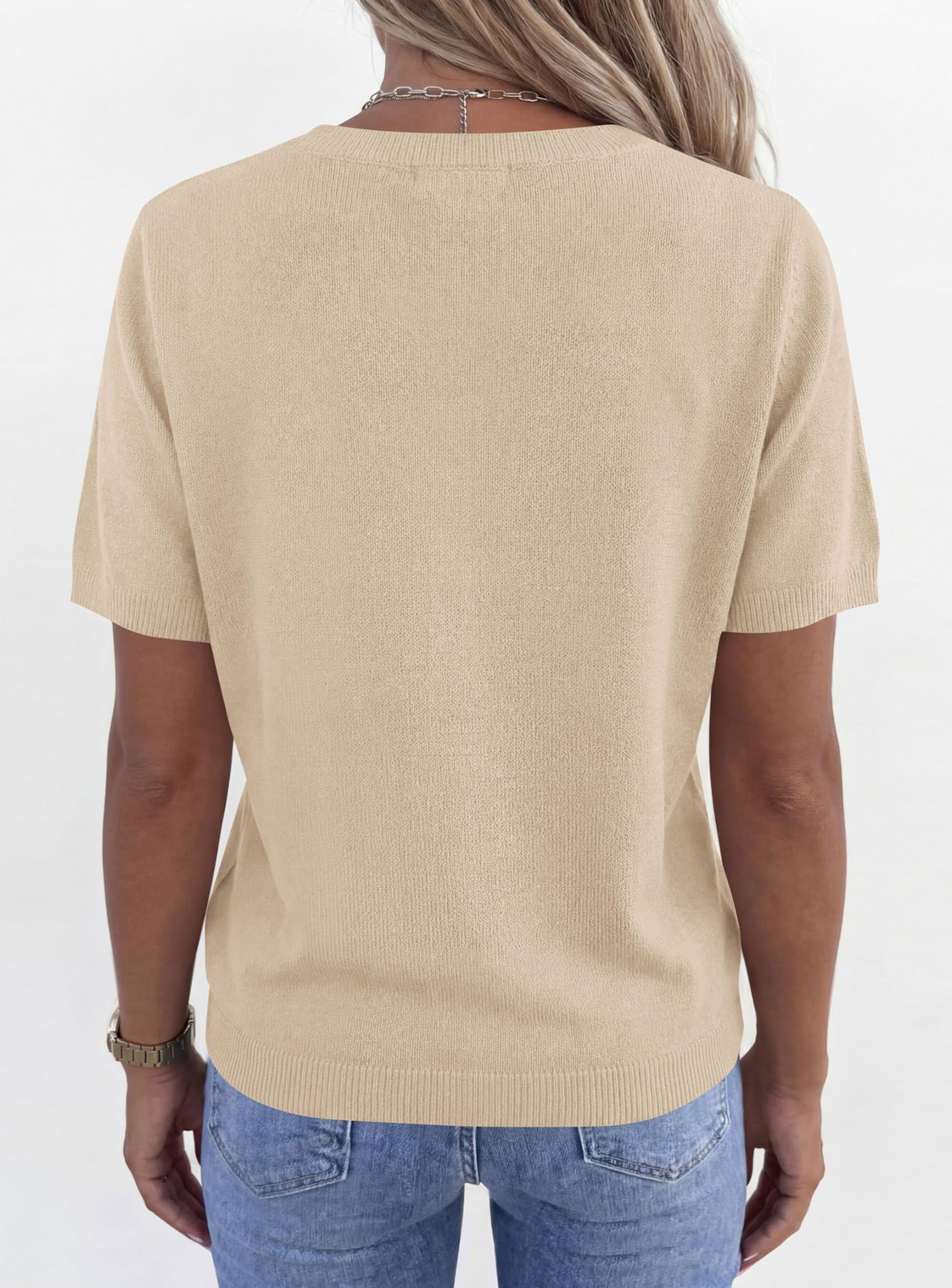 Womens Short Sleeve Sweater V Neck Tops,Apricot,S