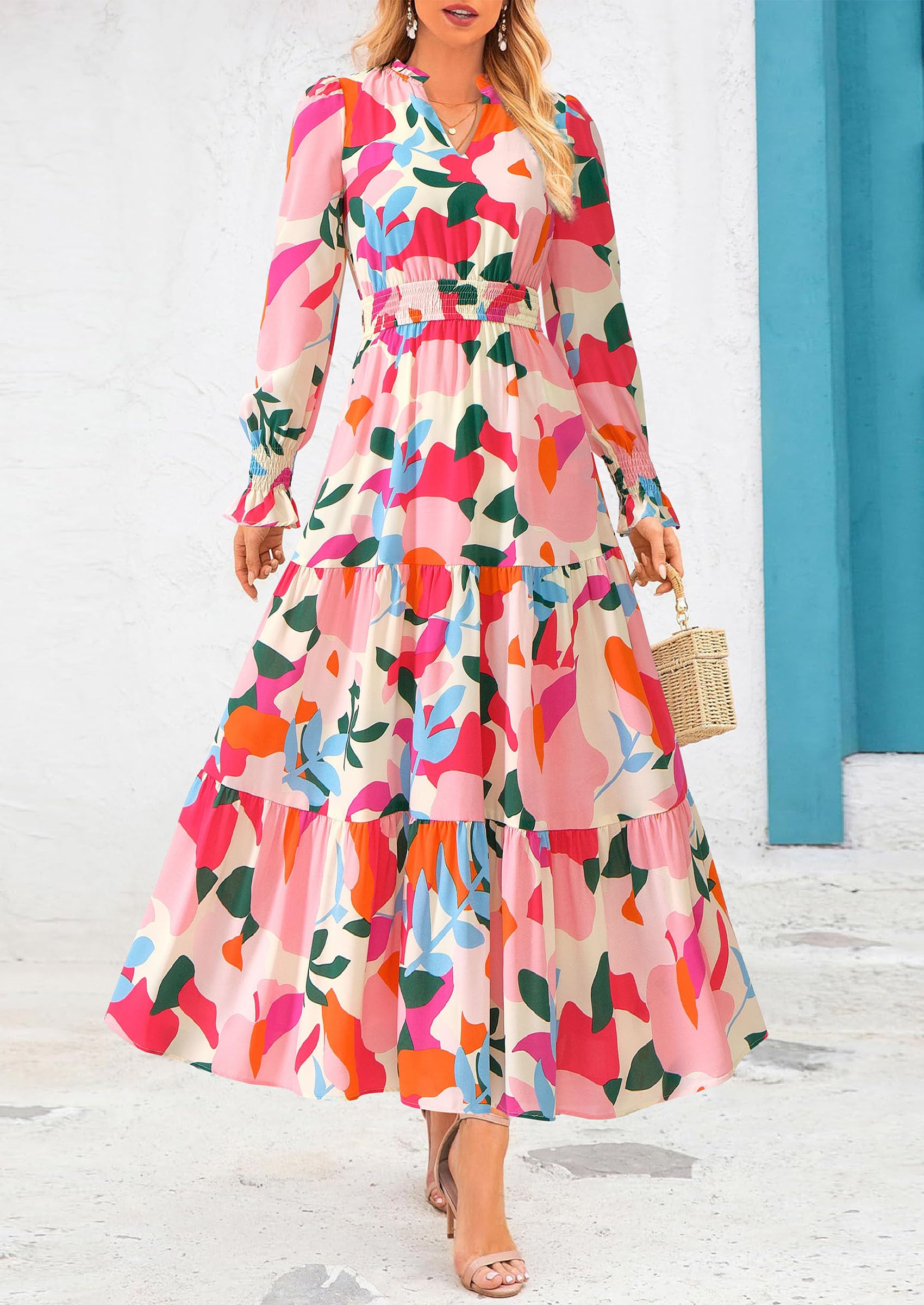 Women's Floral Maxi Dress Fall A Line Wedding Guest Dresses