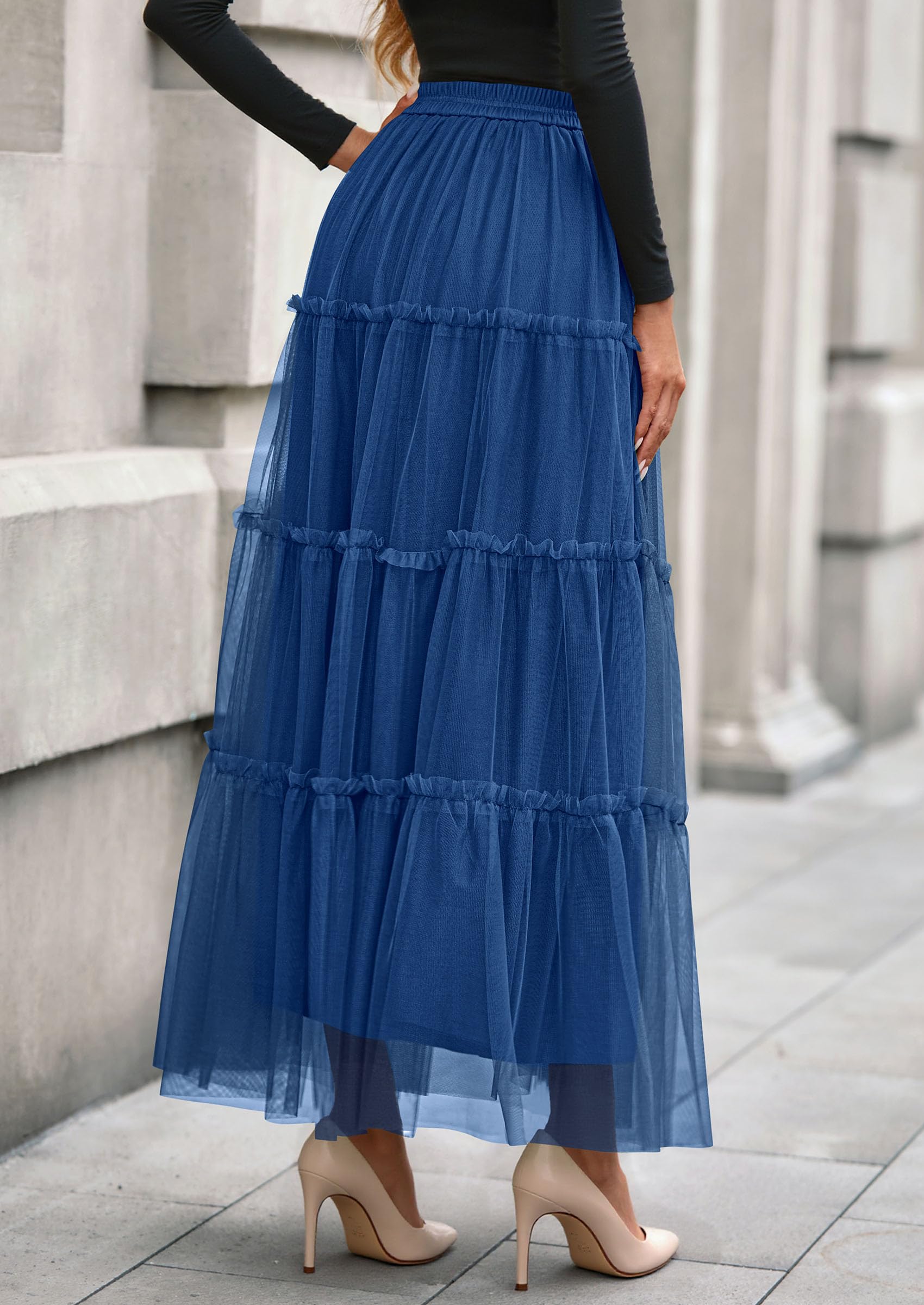 Women's Fall Soft Tulle Tiered Long Skirt,Blue,S