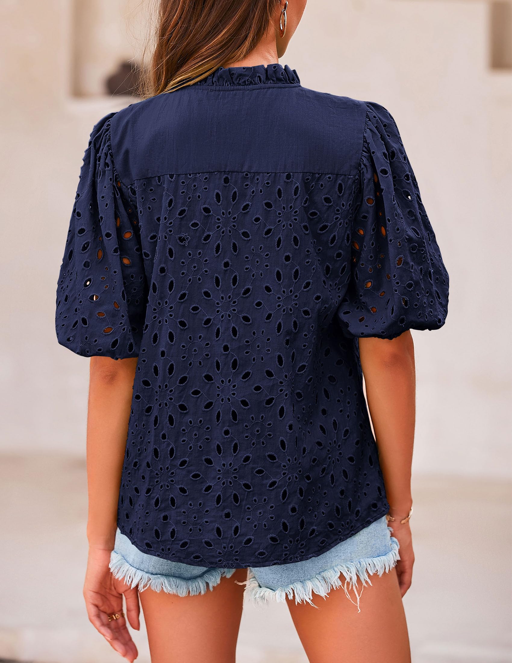 Womens Tops Boho Eyelet Puff Sleeve Blouse, Navy,S