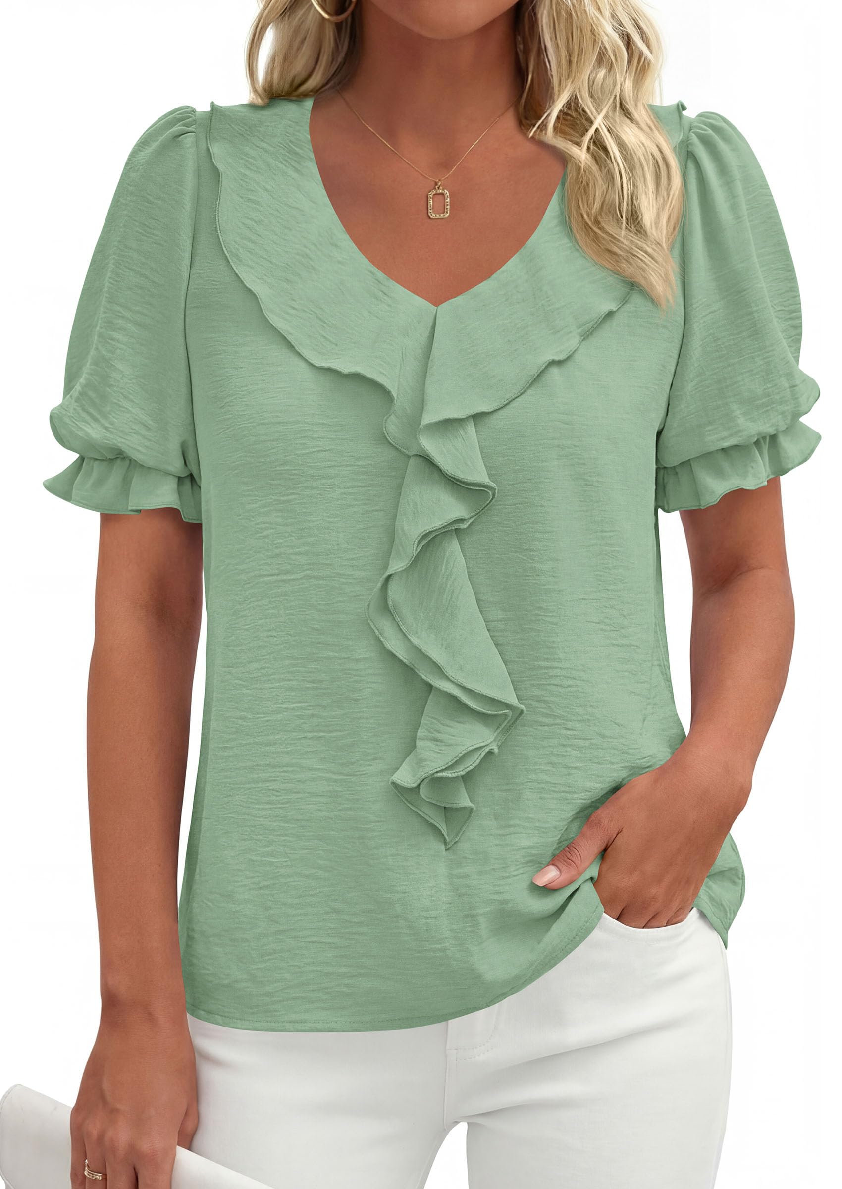 Women's Summer Ruffle Dressy Casual Blouses (Light Green,S)