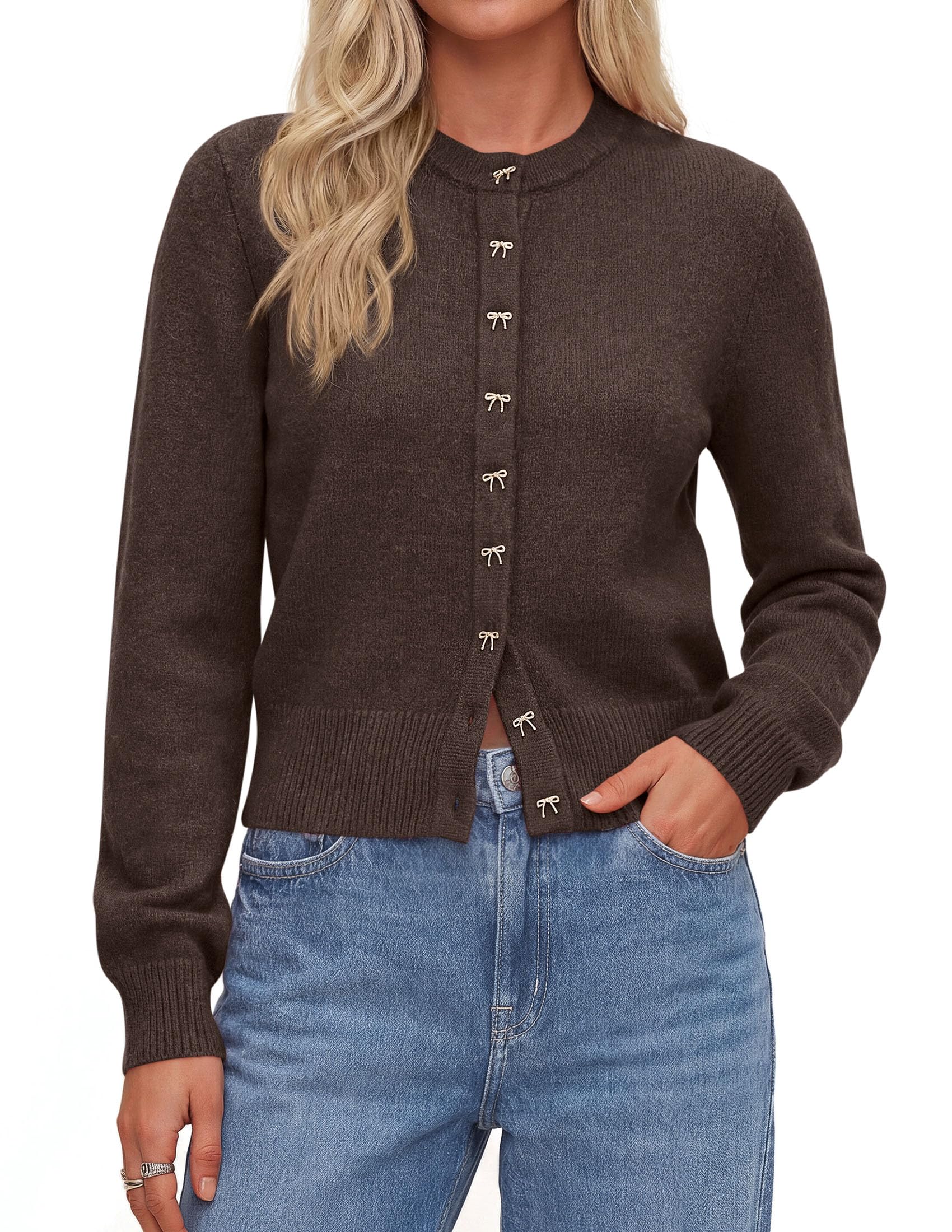 Cardigan Sweaters for Women Cropped Bow Button Up Cardigan