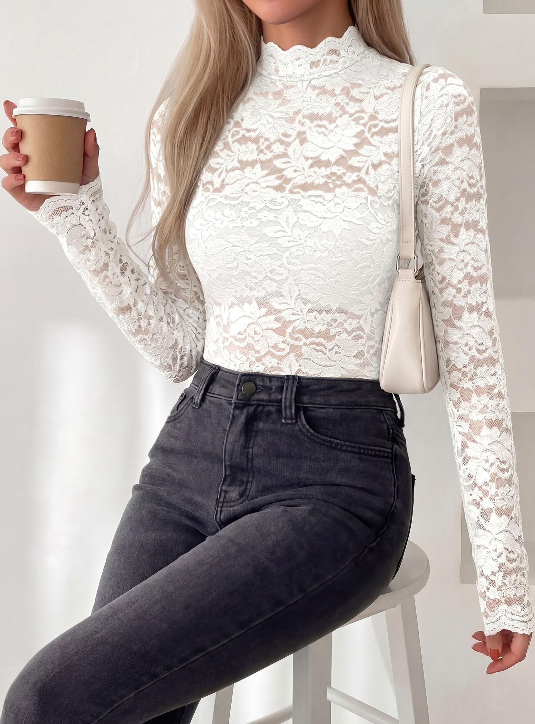 Womens Lace Long Sleeve Tops Sheer Mesh Blouse White,S