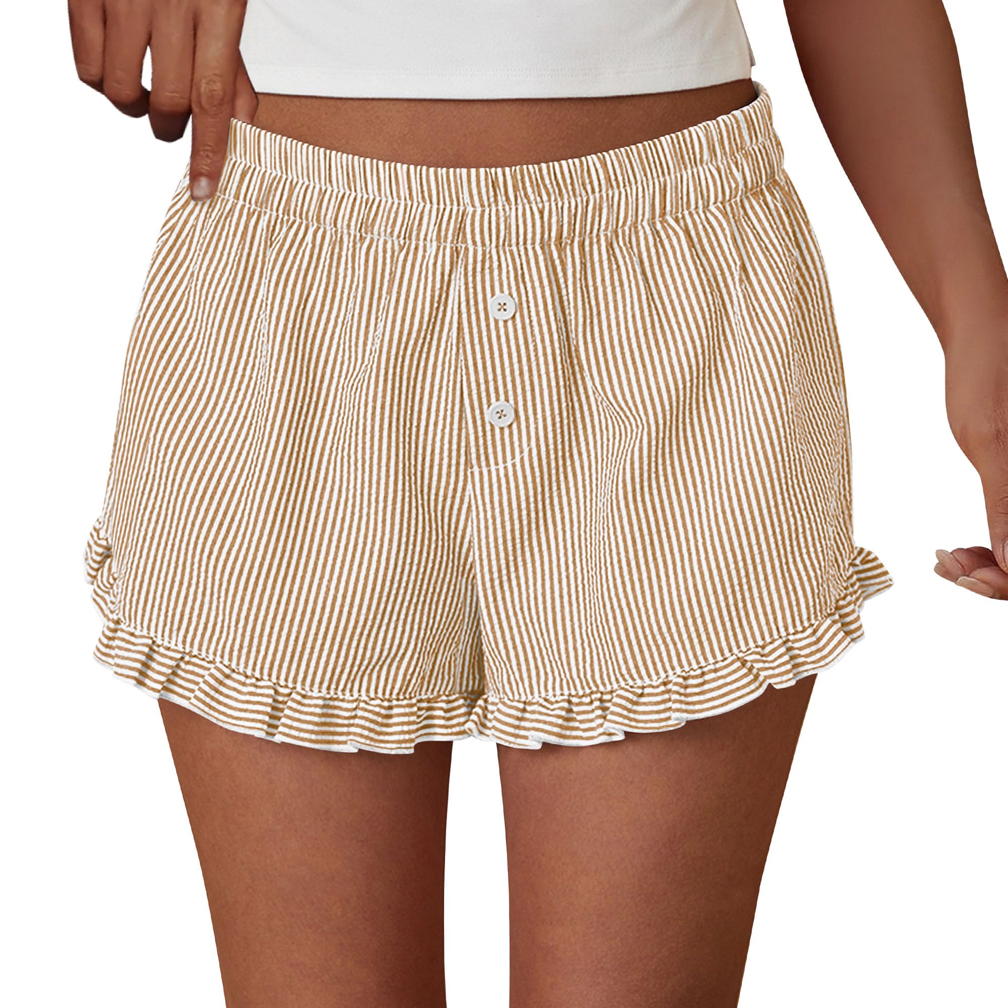 Womens Boxer Shorts Striped Gingham Ruffle Pajama Bottoms