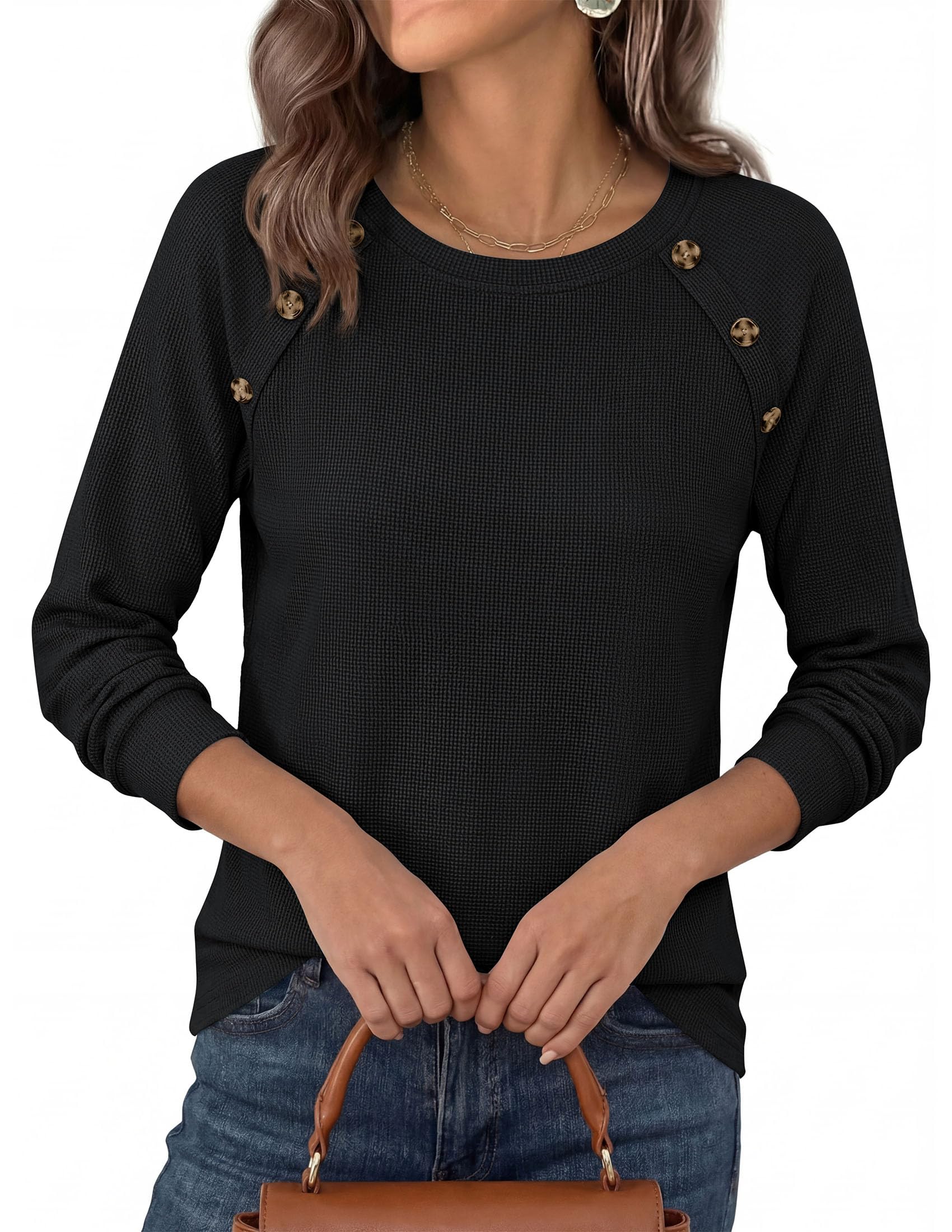 Fall Long Sleeve Waffle Knit Shirts for Women Loose Tunic Tops