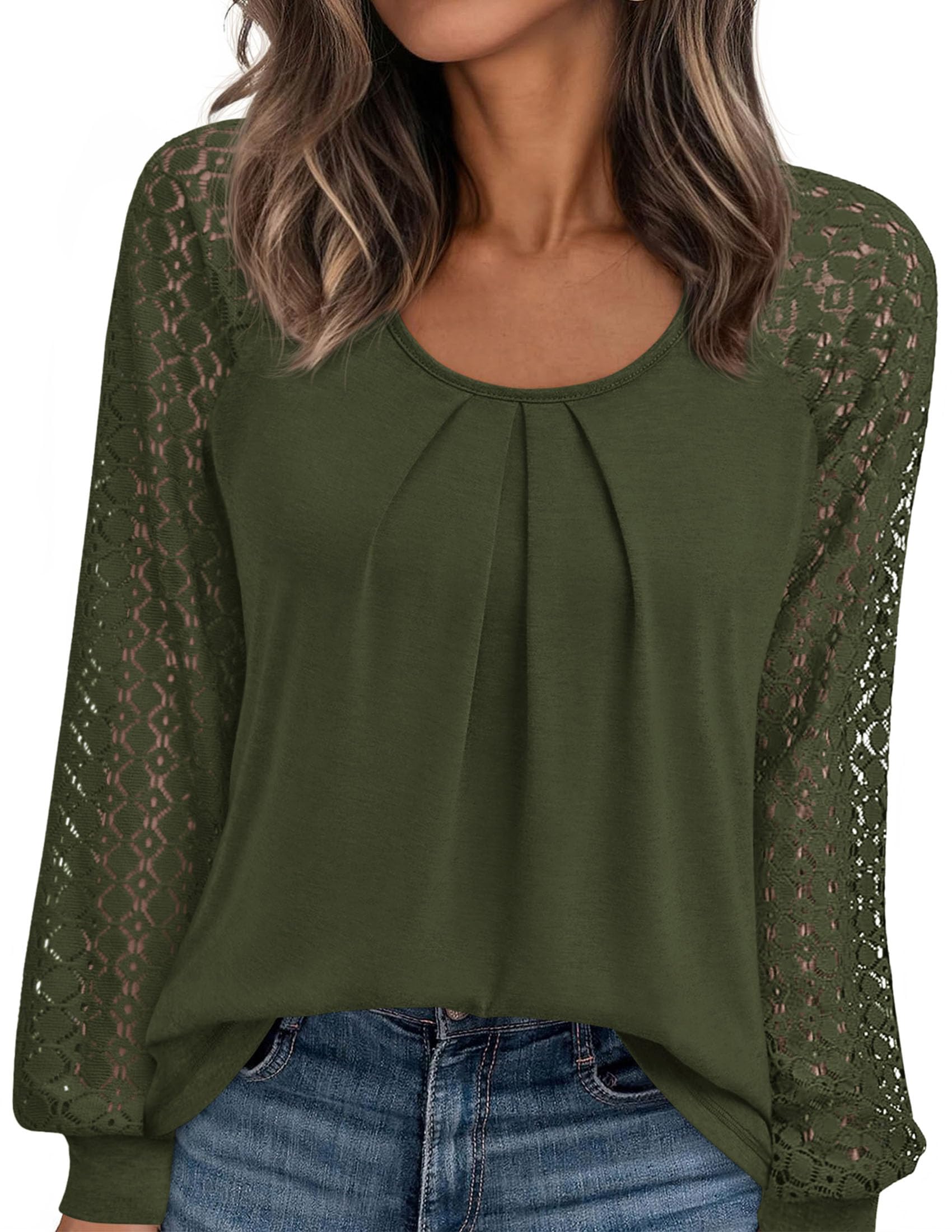 Women's Long Sleeve Shirts Fall Lace Tops,Army Green,S