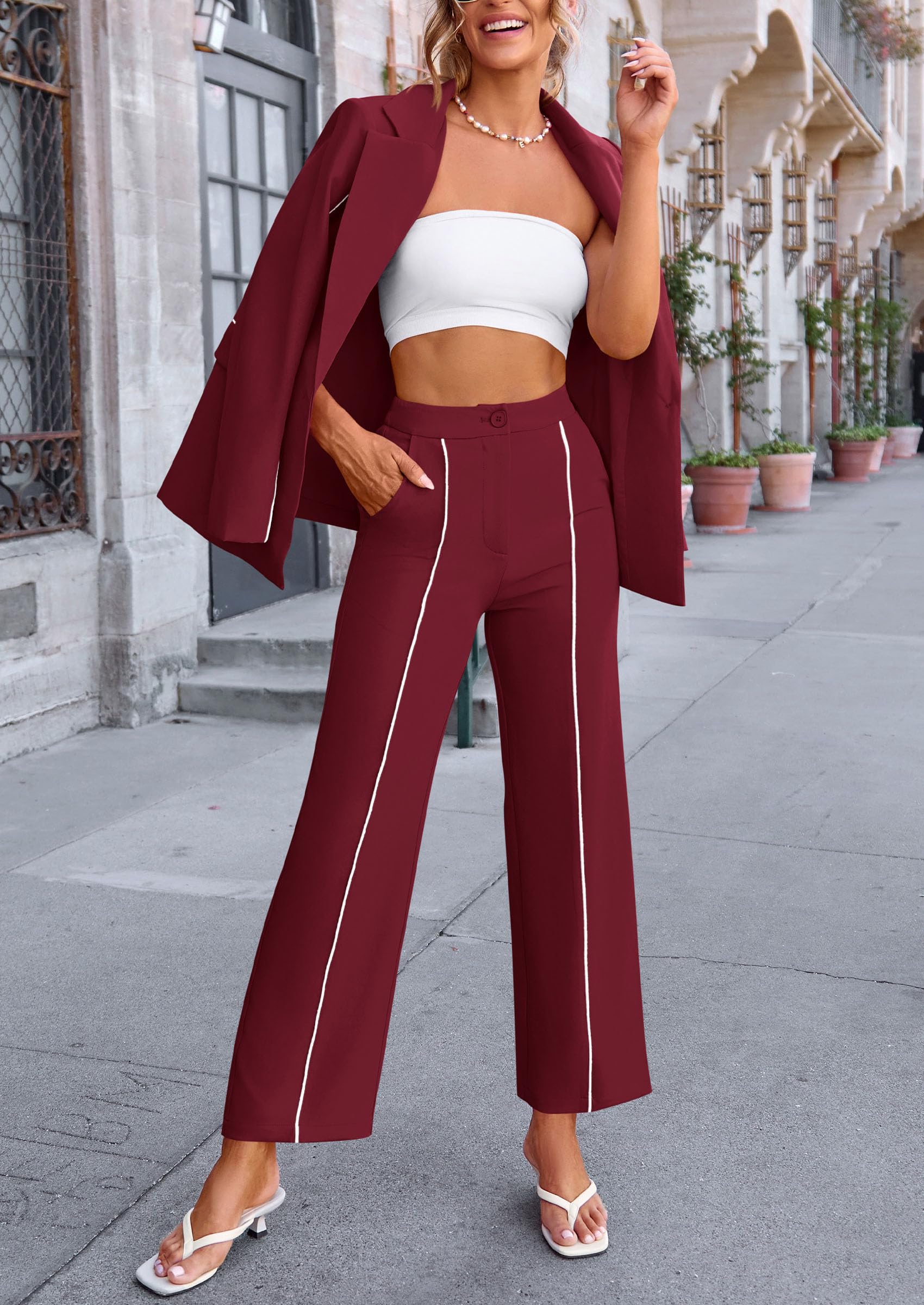 Women's 2 Piece Blazer Business Casual Outfits(Wine Red,S)