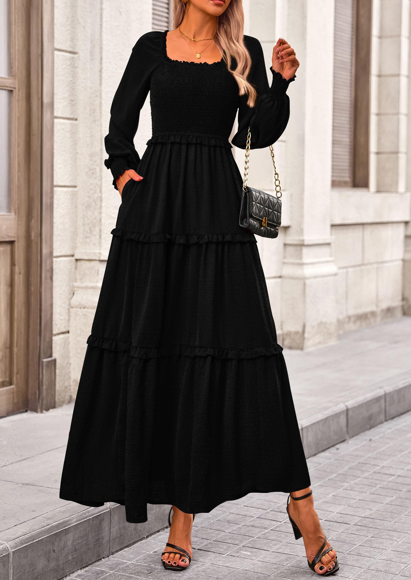 Women's Smocked Long Sleeve Maxi Dress Wedding Guest Dresses