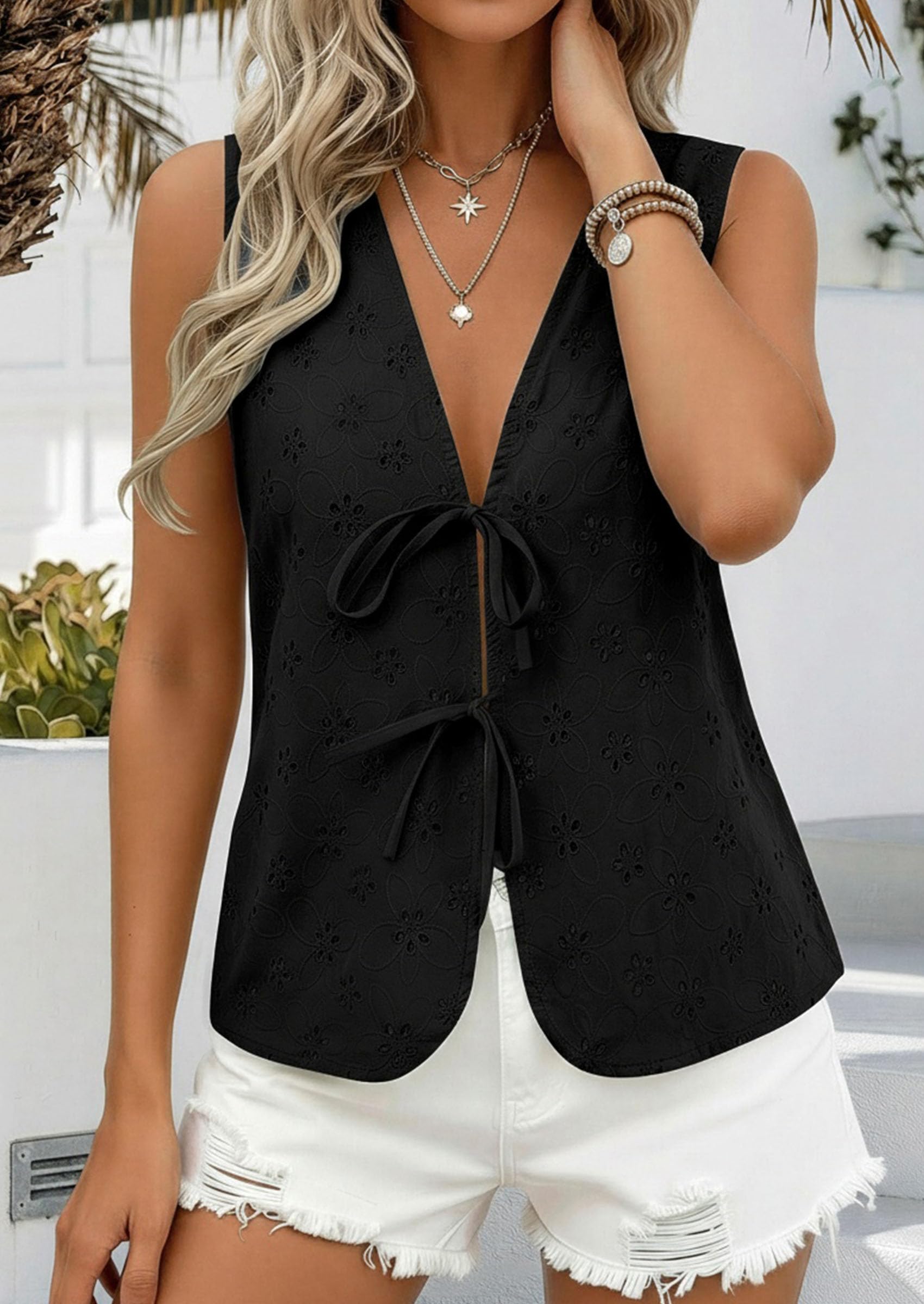 Women's Summer Eyelet Lace Tie Front Vest Tops (Black,S)