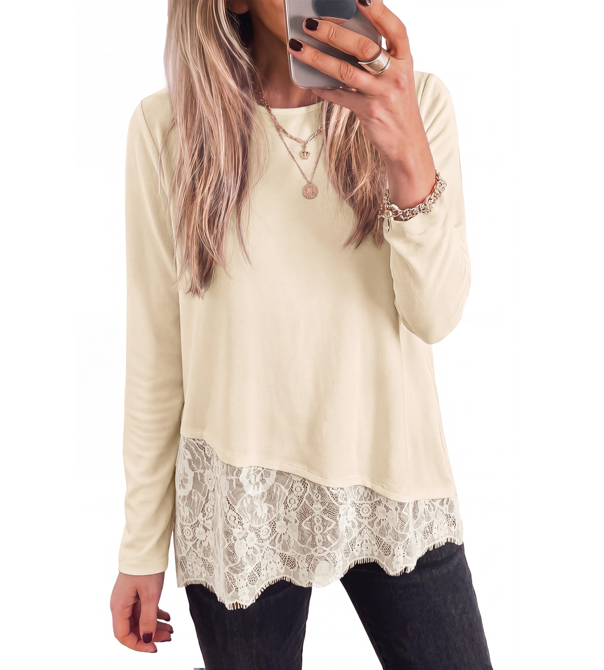 Women's Lace Patchwork Long Sleeve Shirts,Beige,XL