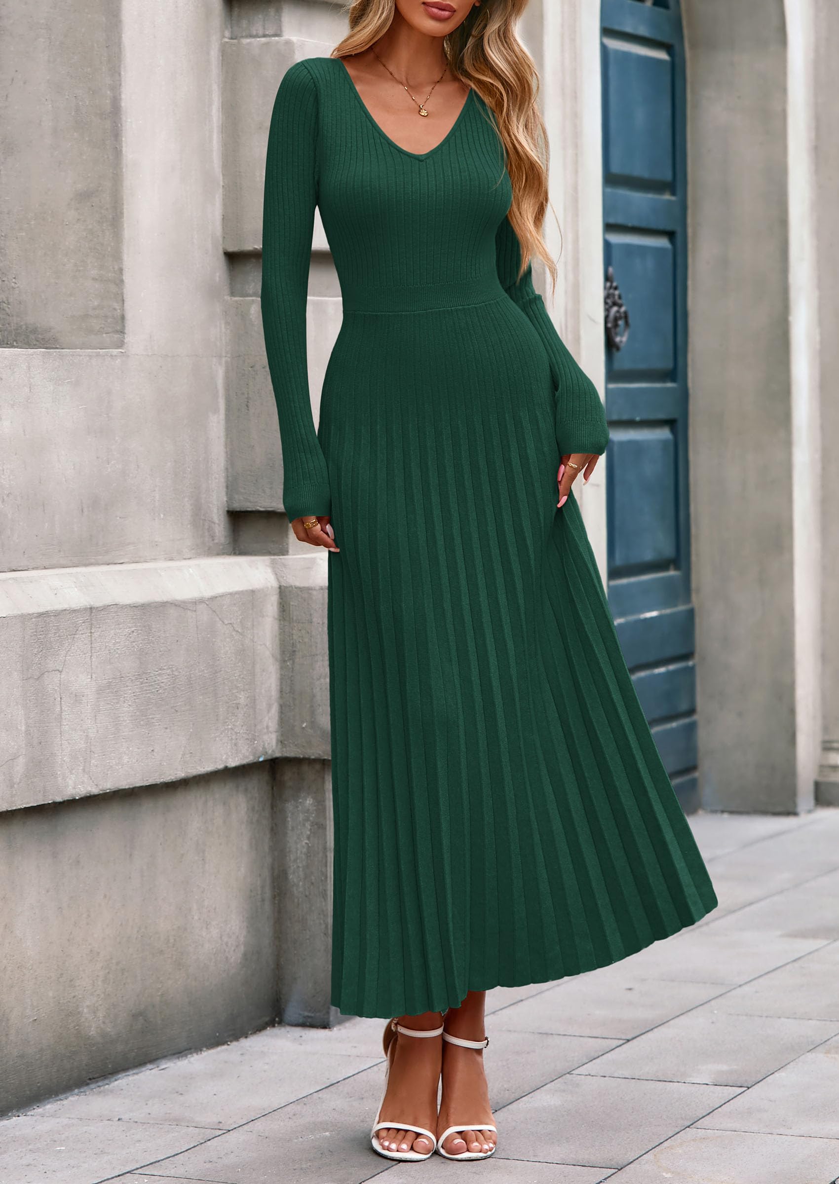 Sweater Dress Women Long Sleeve Maxi Flowy Pleated Dresses