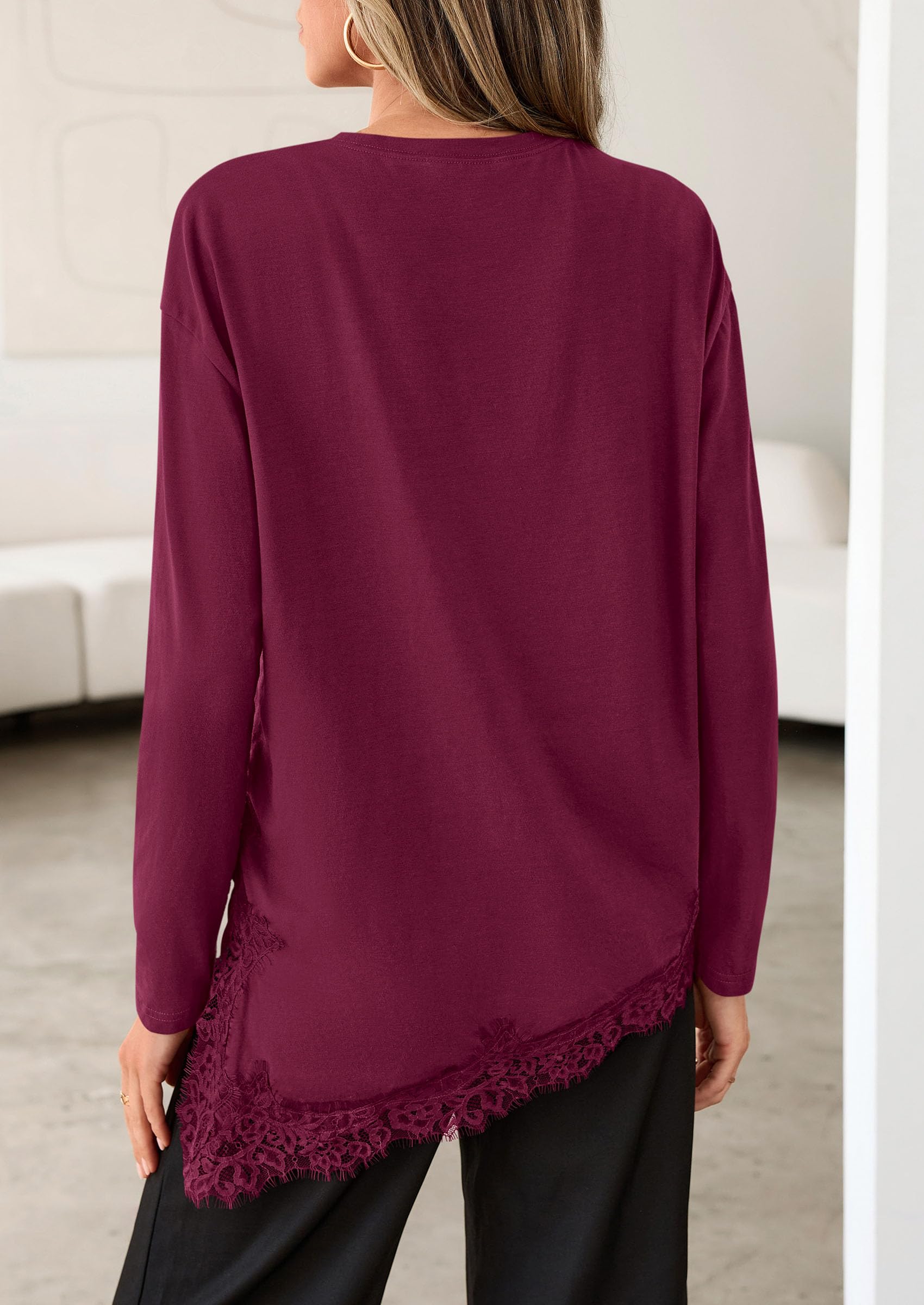 Women's Long Sleeve Asymmetrical Lace Tops Oversized Tshirts