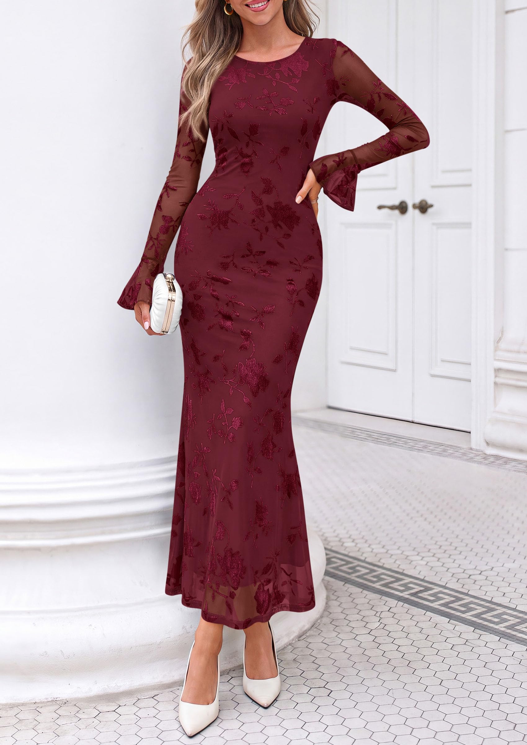 Women's Long Sleeve Maxi Floral Mesh Fall Wedding Guest Dress