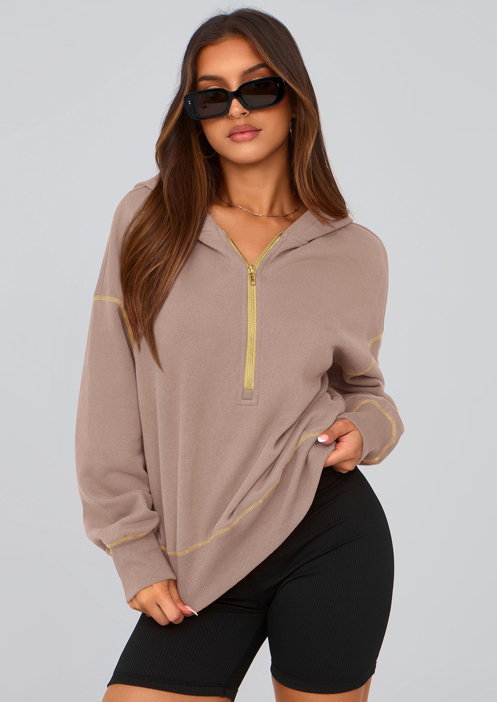 Women's Fall Half Zip Cropped Hoodie Sweatshirt Khaki