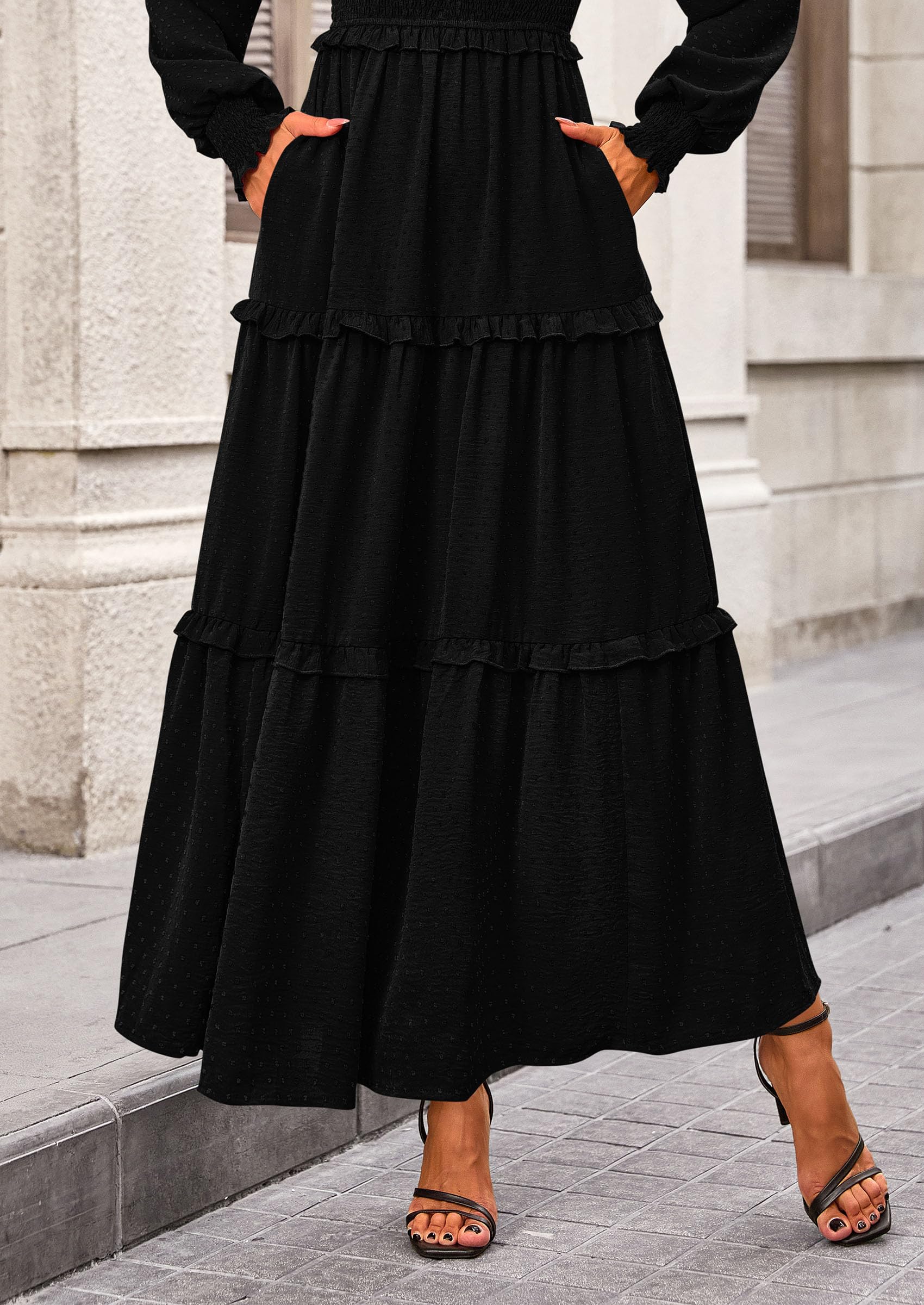 Women's Smocked Long Sleeve Maxi Dress Wedding Guest Dresses