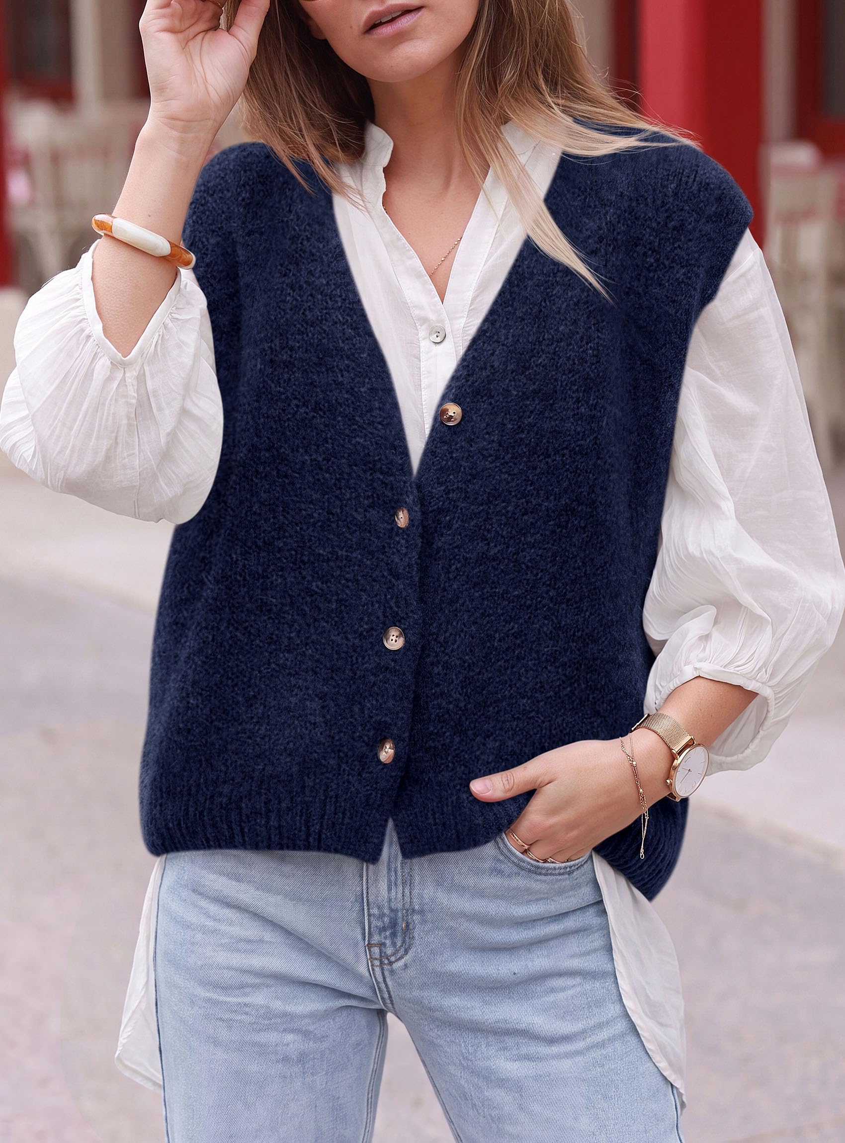Womens Fall Sleeveless Button Down Sweater Vest,Navy,S