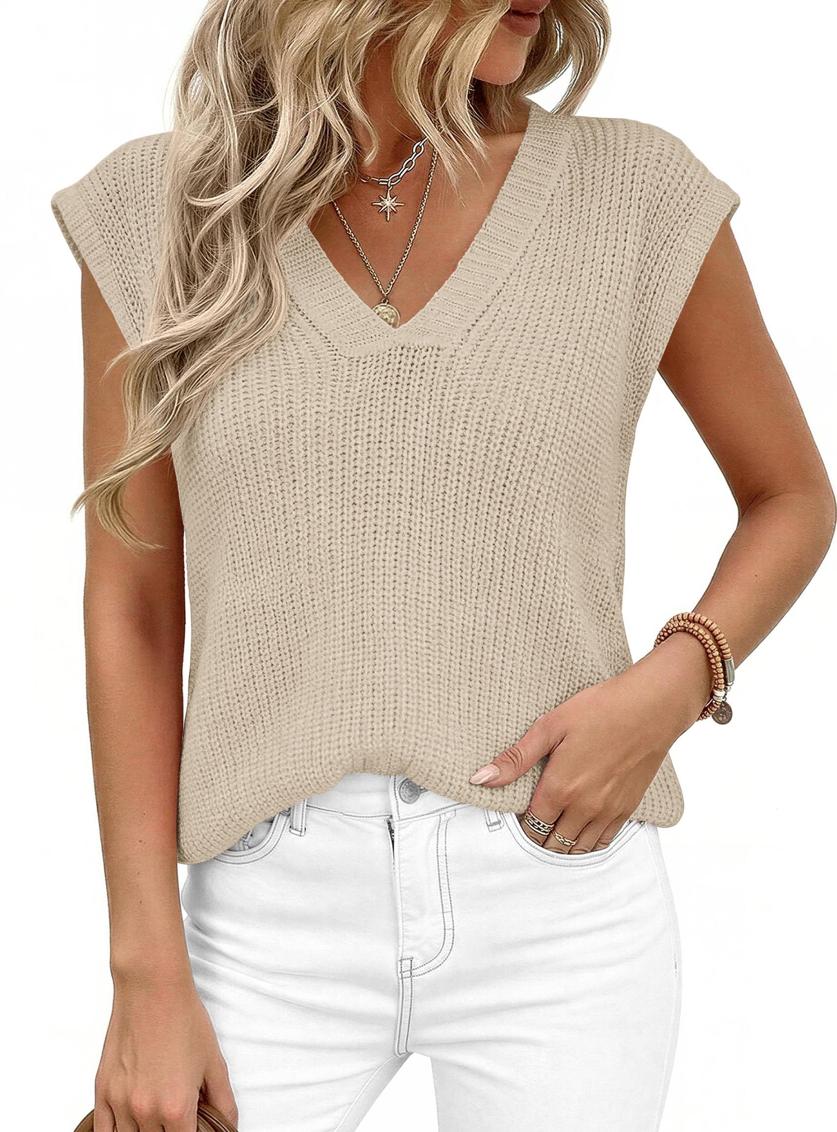 Women's Cap Sleeve Sweaters Vest Summer Tops (Apricot,M)