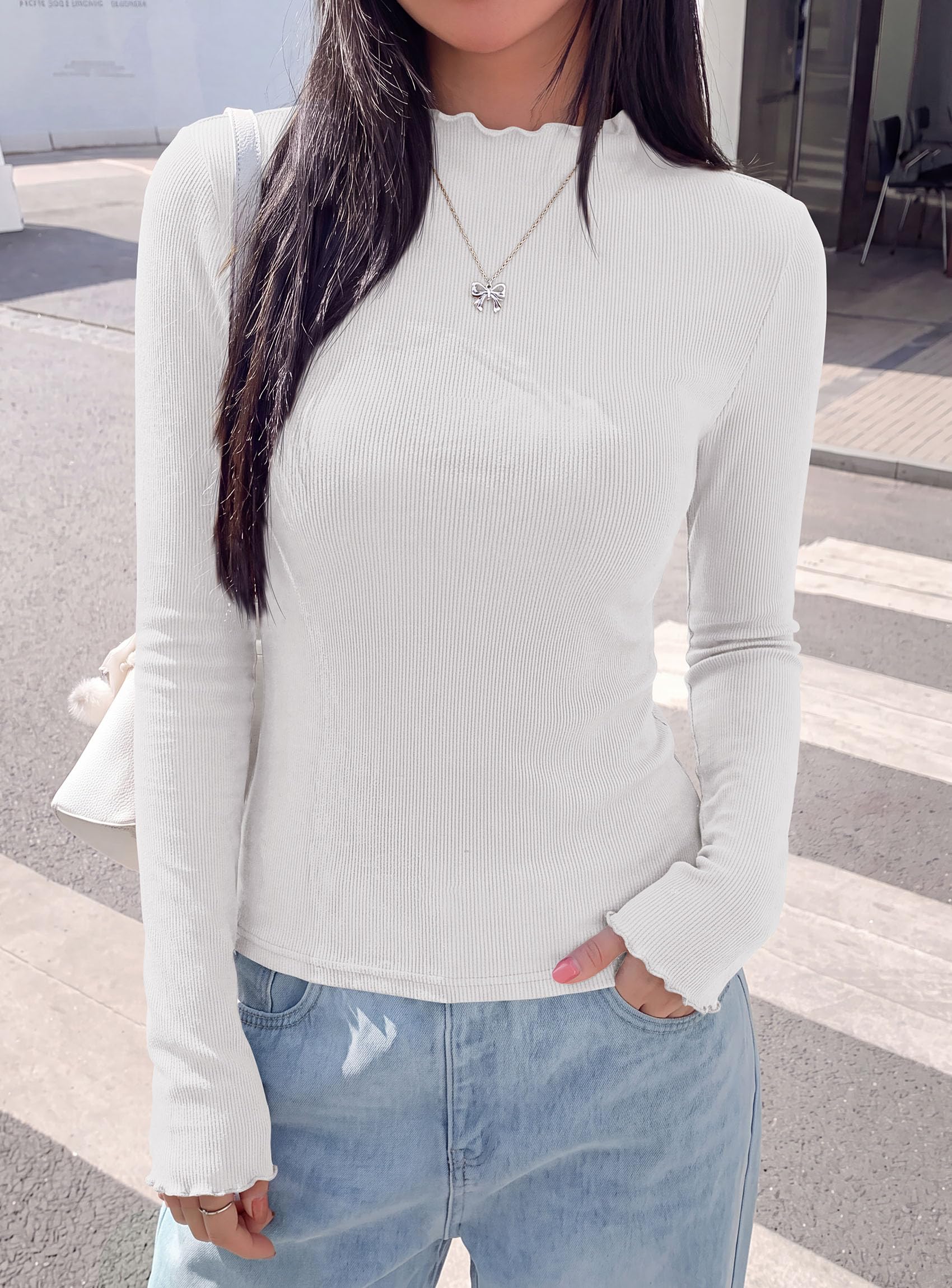 Women's Long Sleeve T Shirts Lettuce Trim Mock Neck Tops White