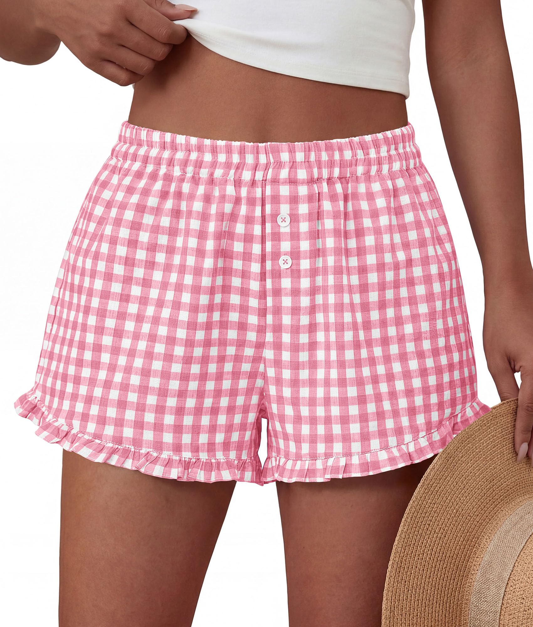 Womens Boxer Shorts Striped Gingham Ruffle Pajama Bottoms