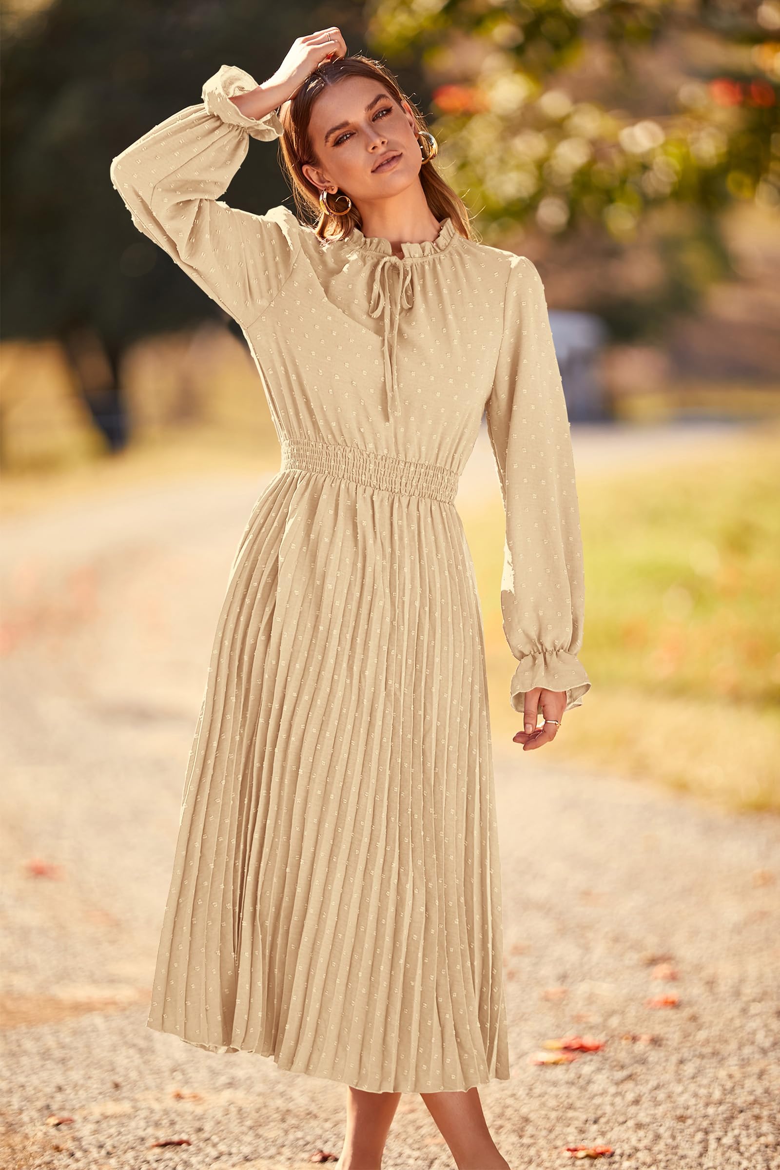 Women's Fall Midi Wedding Guest Dress(Apricot,Small)