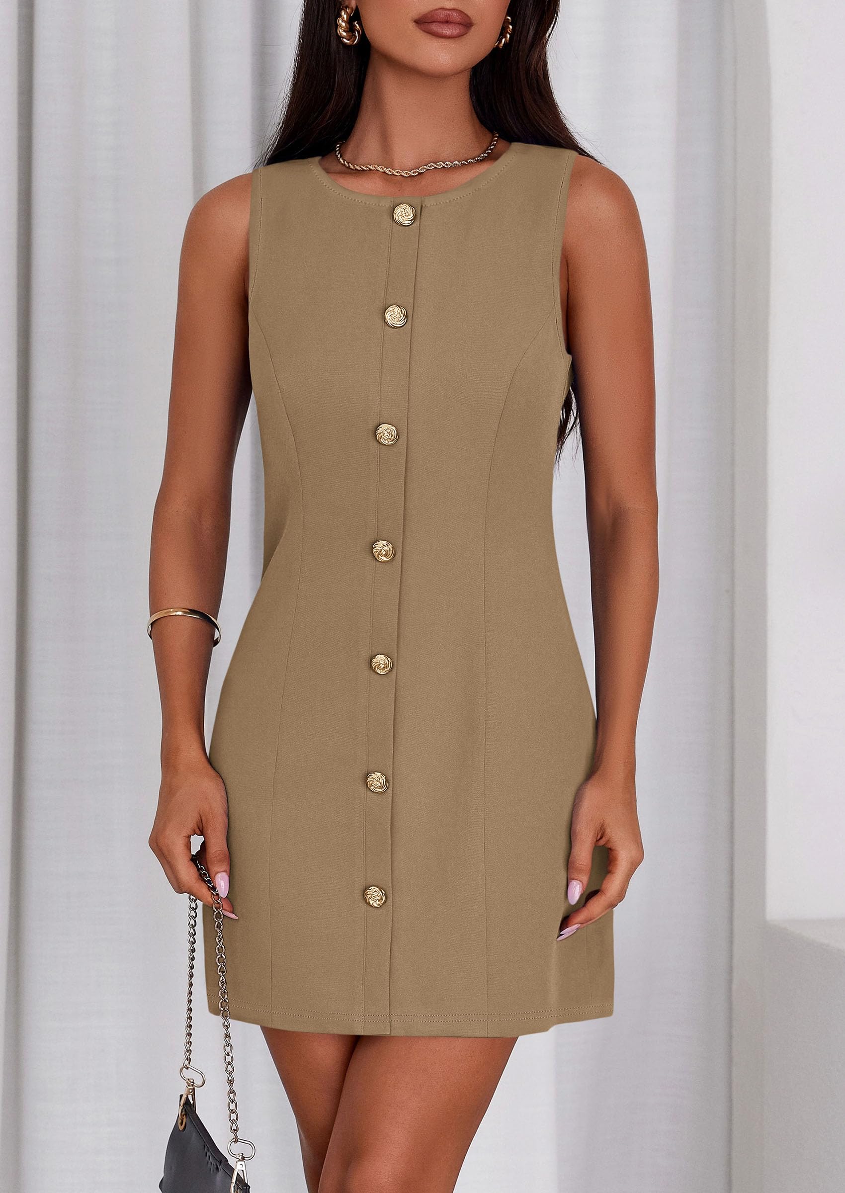 Women Business Casual Cocktail Work Short Dress,Dark Khaki,S