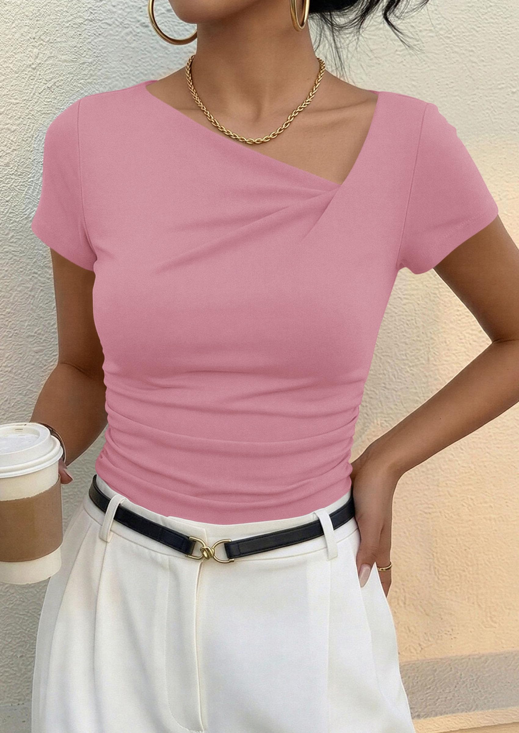 Women's Summer Trendy Asymmetrical Y2K Tops (Pink,S)