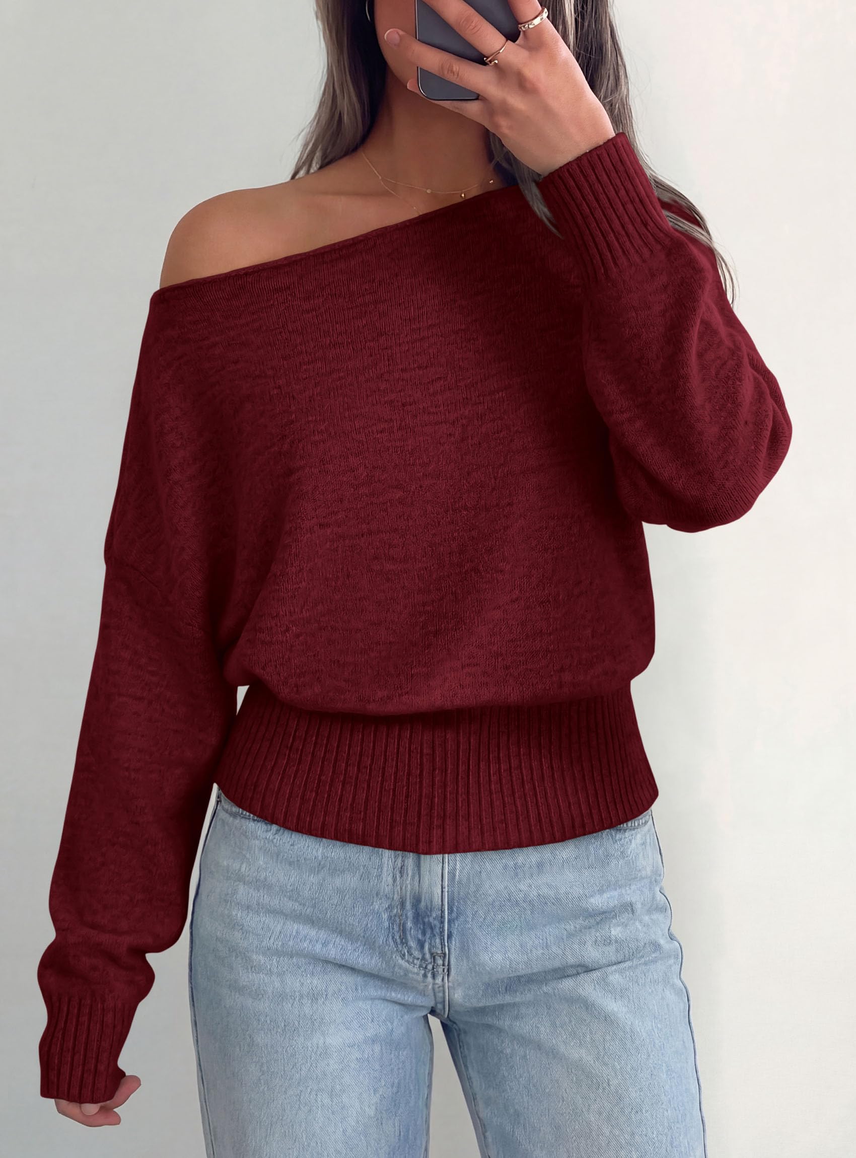 Womens Off The Shoulder Sweater Fall Fashion,Wine Red,S
