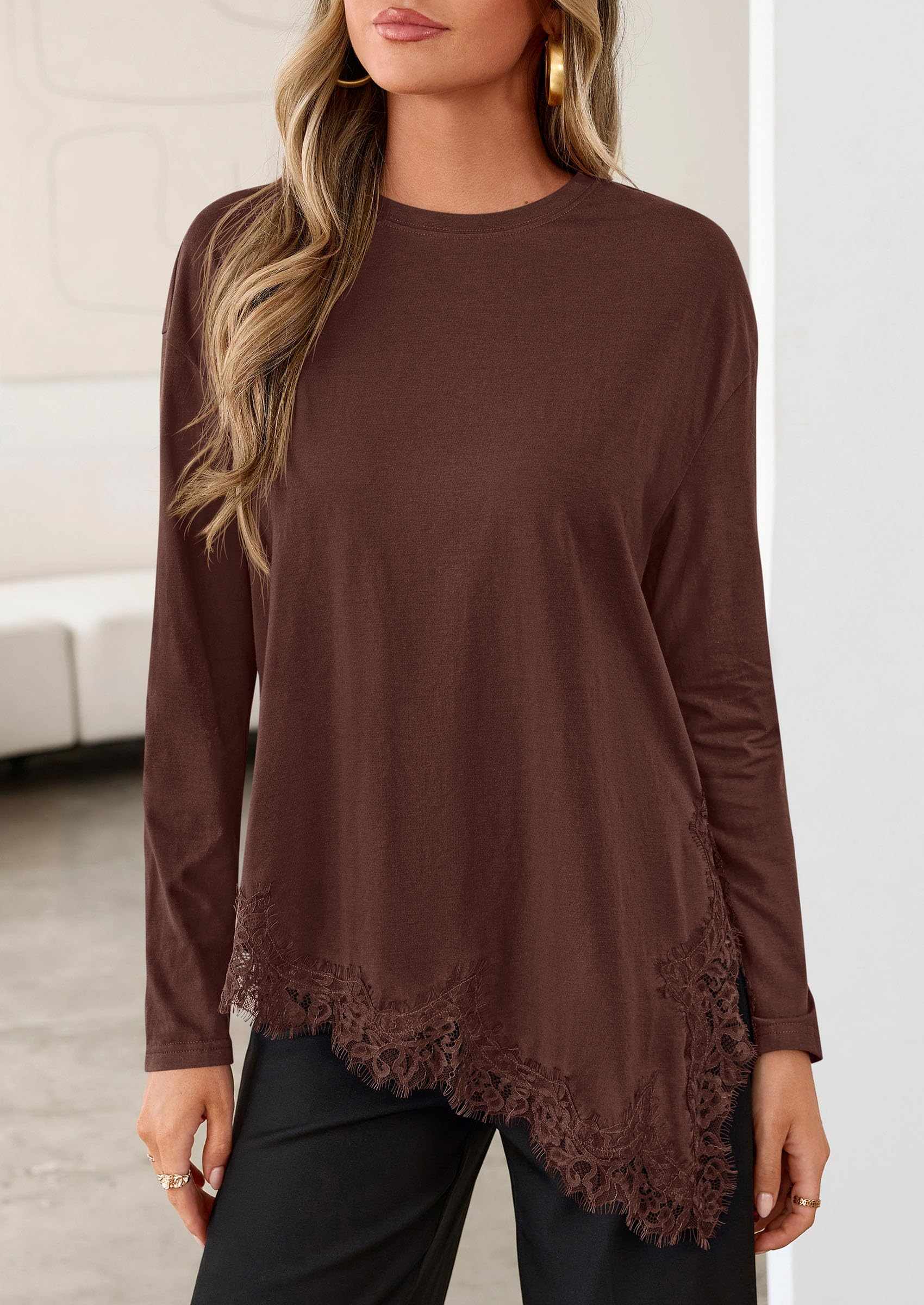 Women's Long Sleeve Asymmetrical Lace Tops Oversized Tshirts