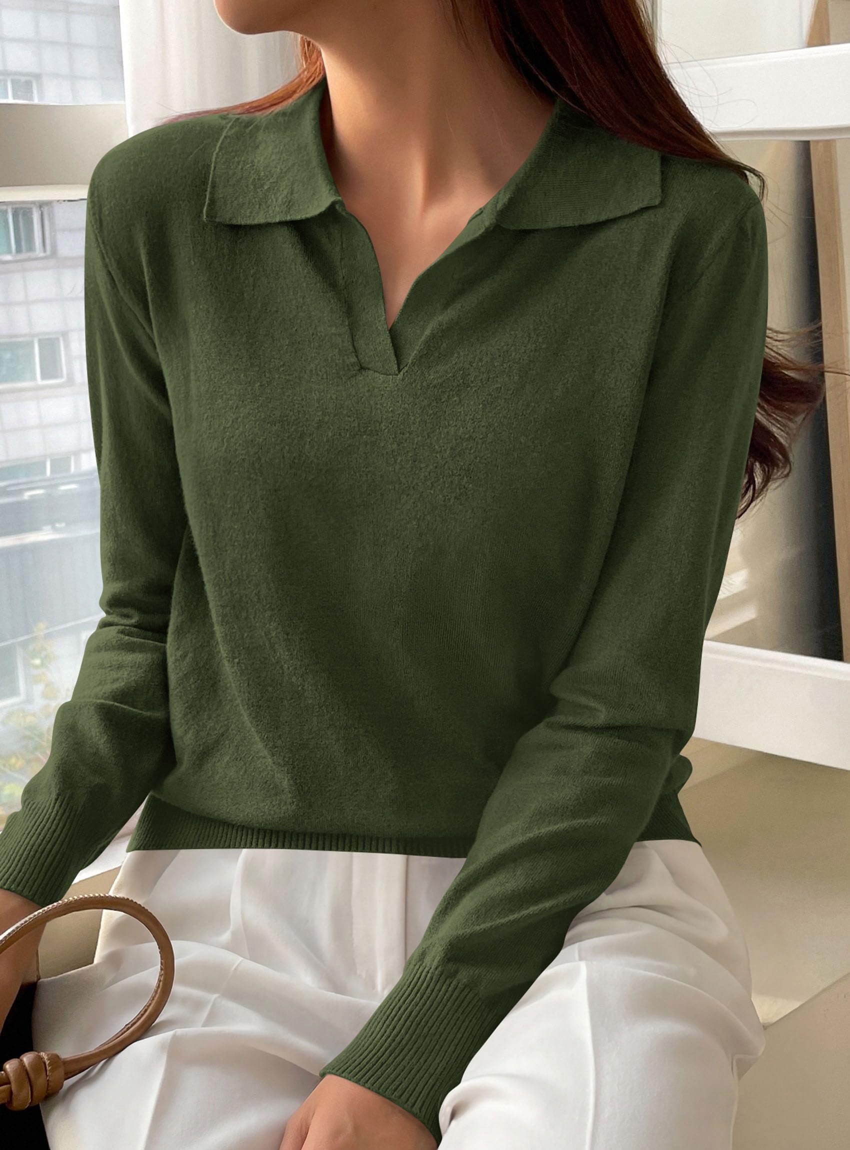 Womens Long Sleeve Collared Polo Sweater,Army Green,S