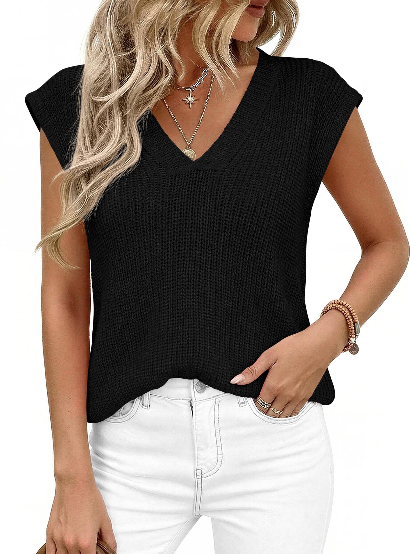 Women's Cap Sleeve Sweaters Vest Summer Tops (Black,S)