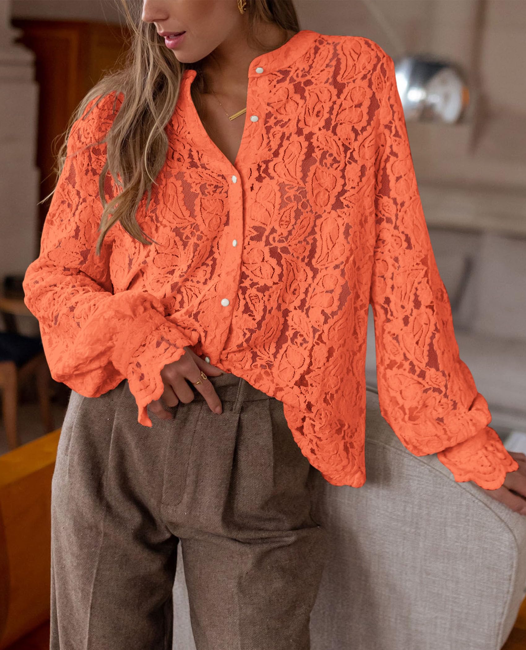 Women's Fall Trendy Long Sleeve Lace Tops(Orange,Small)