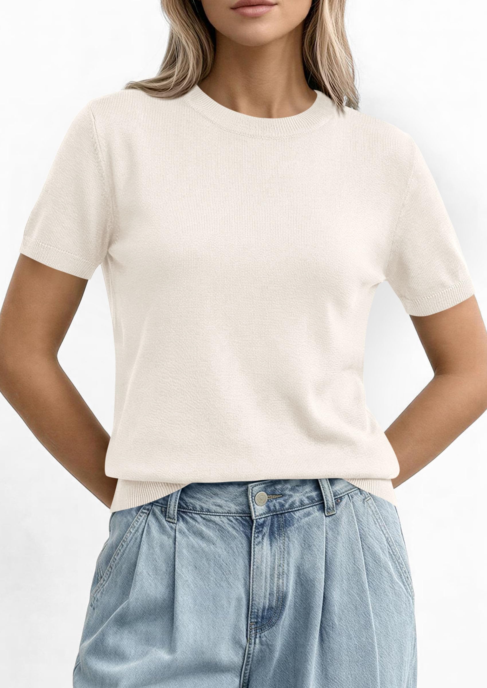 Women's Short Sleeve Sweaters Summer Tops,White,M