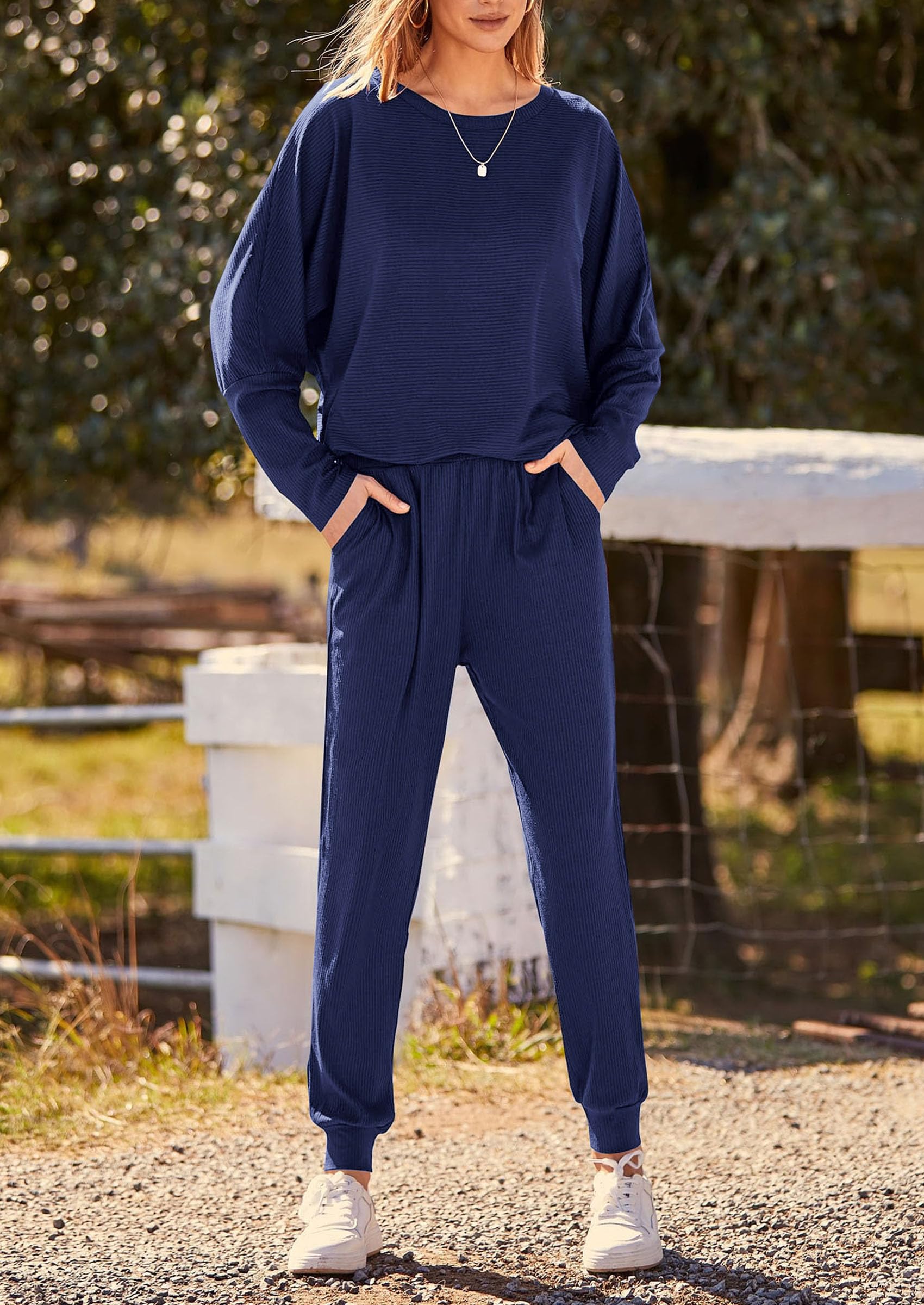 Women's 2 Piece Outfit Matching Lounge Set, Dark Blue,S