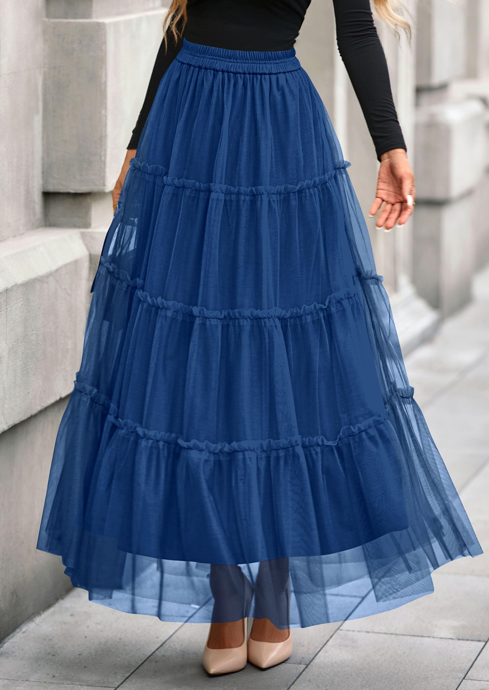 Women's Fall Soft Tulle Tiered Long Skirt,Blue,S