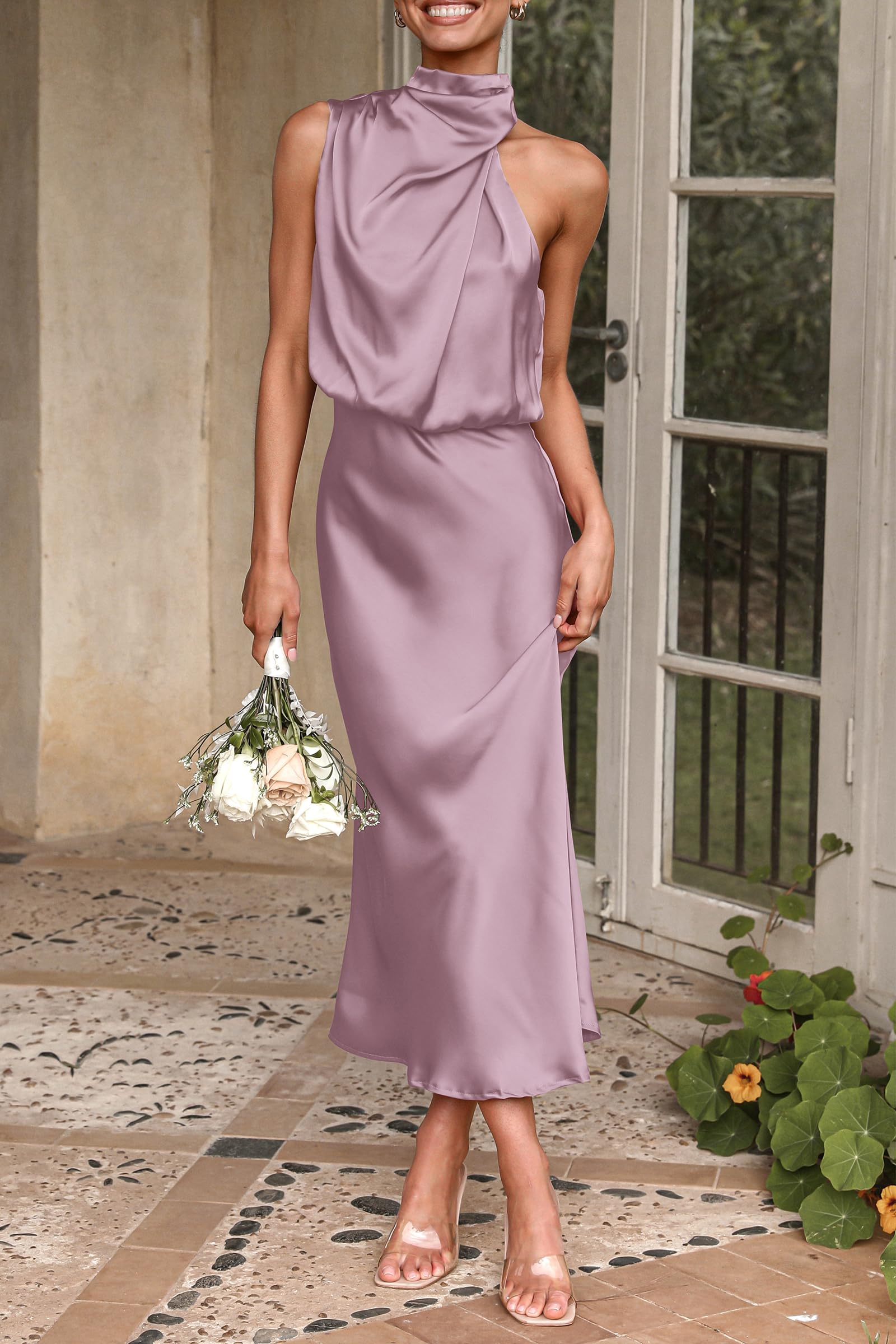 Women's Summer Satin Maxi Cocktail Dress Dusty Pink