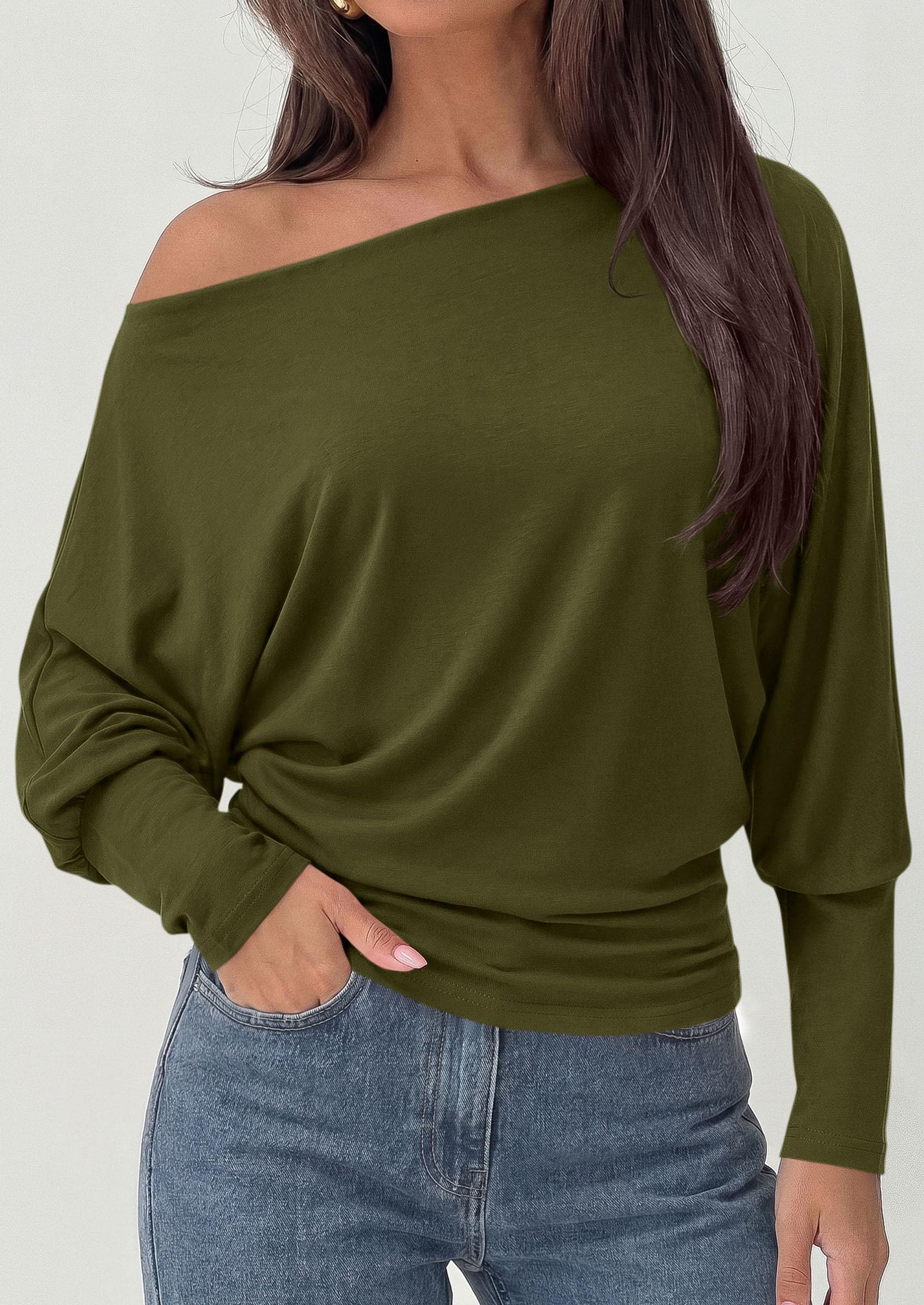 Womens Off The Shoulder Batwing Long Sleeve Top,Army Green,S