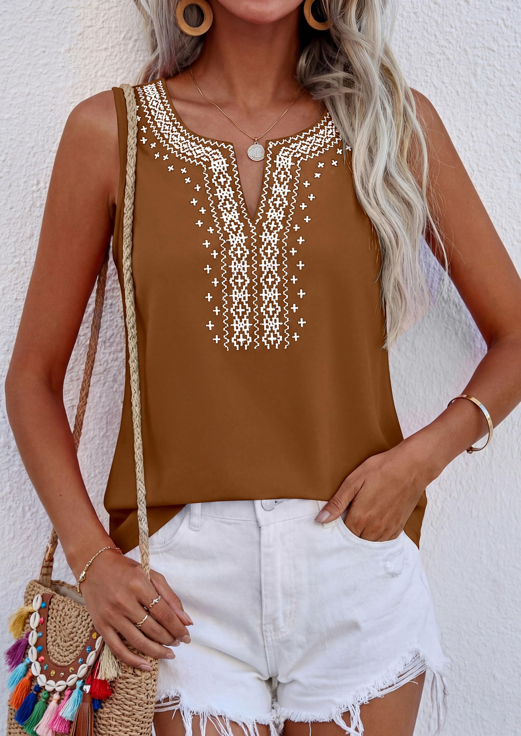 Womens Embroidered Sleeveless Tank Tops Khaki,S