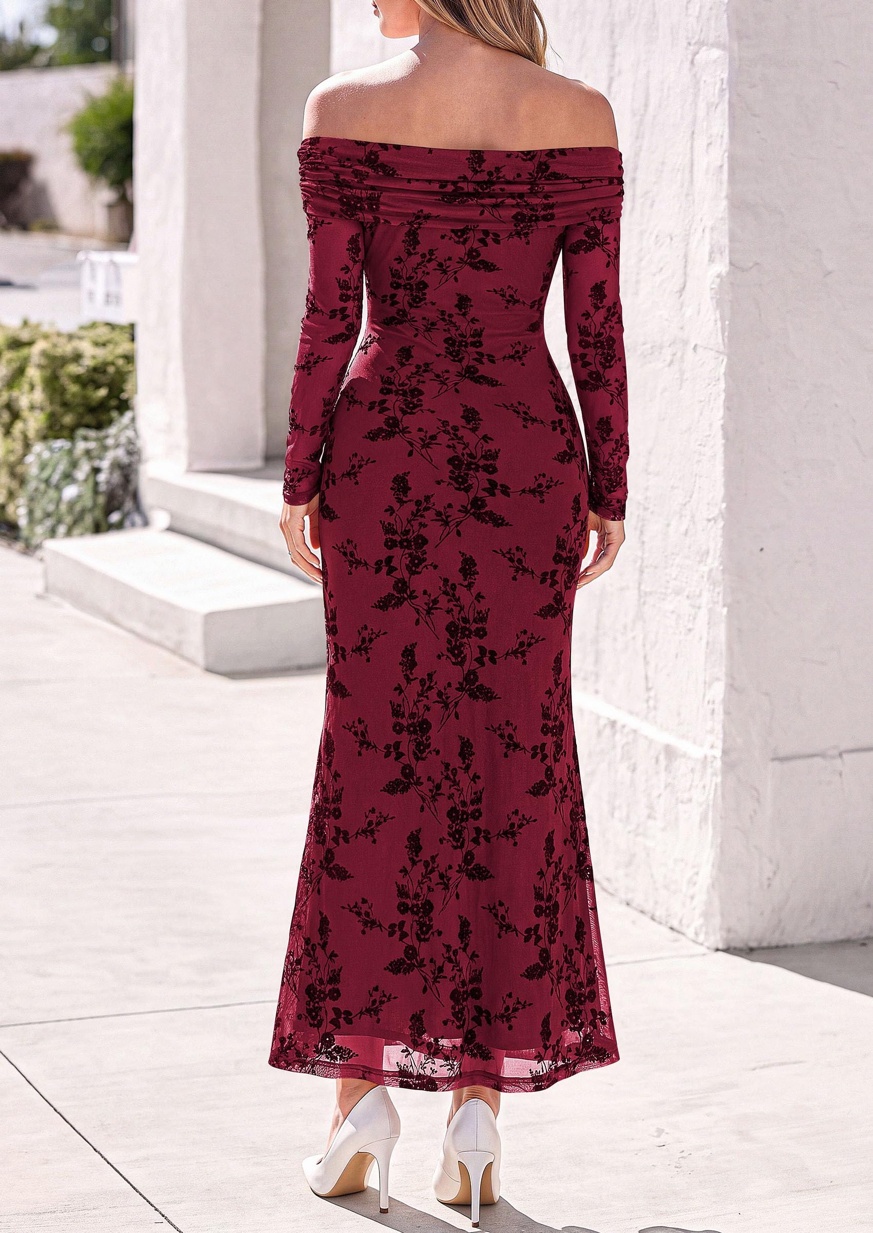 Womens Fall Off Shoulder Floral Maxi Wedding Guest Dress