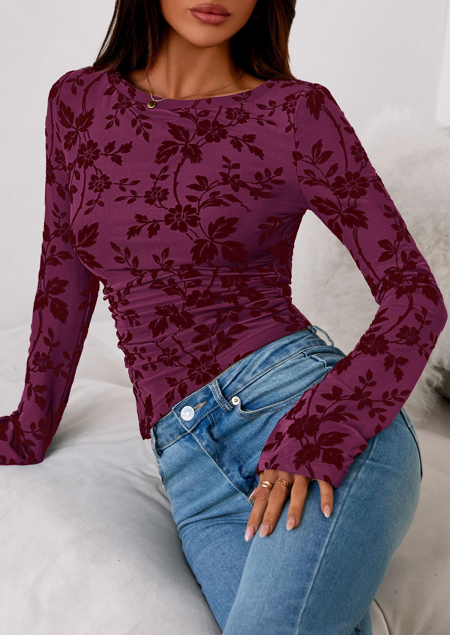 Women's Long Bell Sleeve Y2K Tops Boho Floral Mesh Blouses